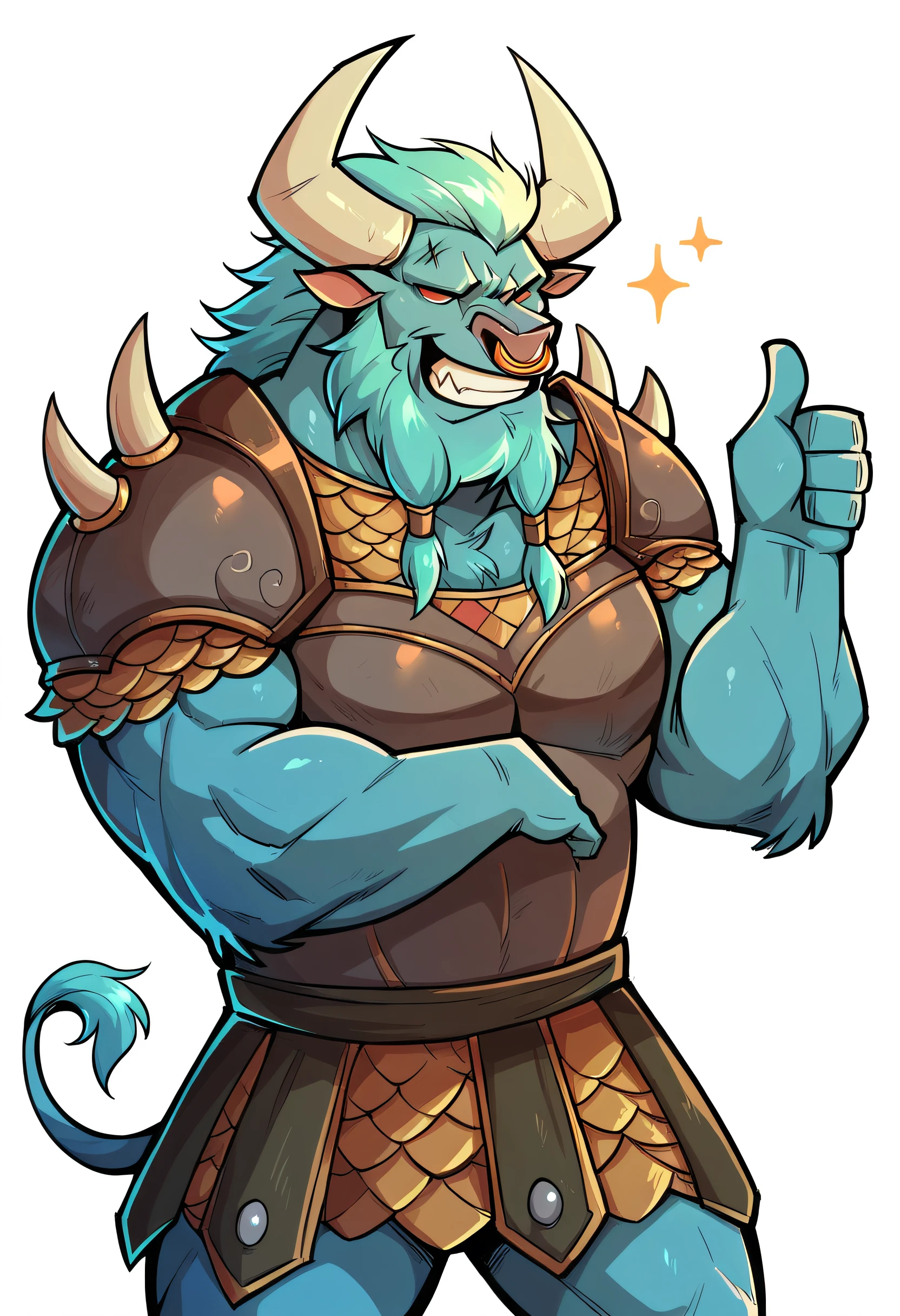 score_9, score_8_up, score_7_up, score_6_up, score_5_up, score_4_up, BREAK,  1boy, spiritbreakerpdxl, male, minotaur, beard, nose ring, red eyes, no pupils, shoulder armor, armor, solo, simple background, white outline, muscular, looking at viewer, closed mouth, grin, proud, thumbs up, flexing, standing, kilt, <lora:SpiritBreaker-000005:0.7>