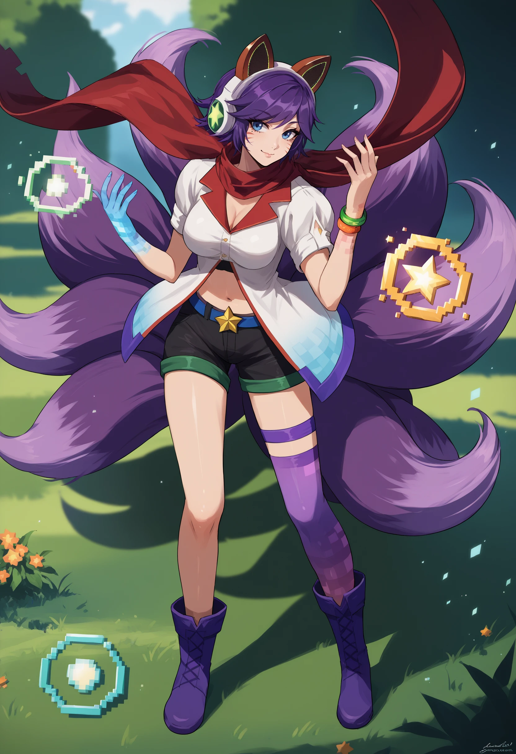 score_9, score_8_up, score_7_up, 1girl, solo, full body, standing, seductive smile, outdoors, Ahriarcade, animal ear headphones, fox tail, multiple tails, facial mark, mole under eye, short hair, purple hair, blue eyes, blue hand, large breasts, red scarf, short sleeves, striped clothes, shirt, cleavage, bracelet, jewelry, midriff, Navel, belt, shorts, thighhighs, asymmetrical legwear, single thighhigh, star (symbol), <lora:Ahri_Arcade_pdxl_Incrs_v1:1>, purple boots, energy ball,