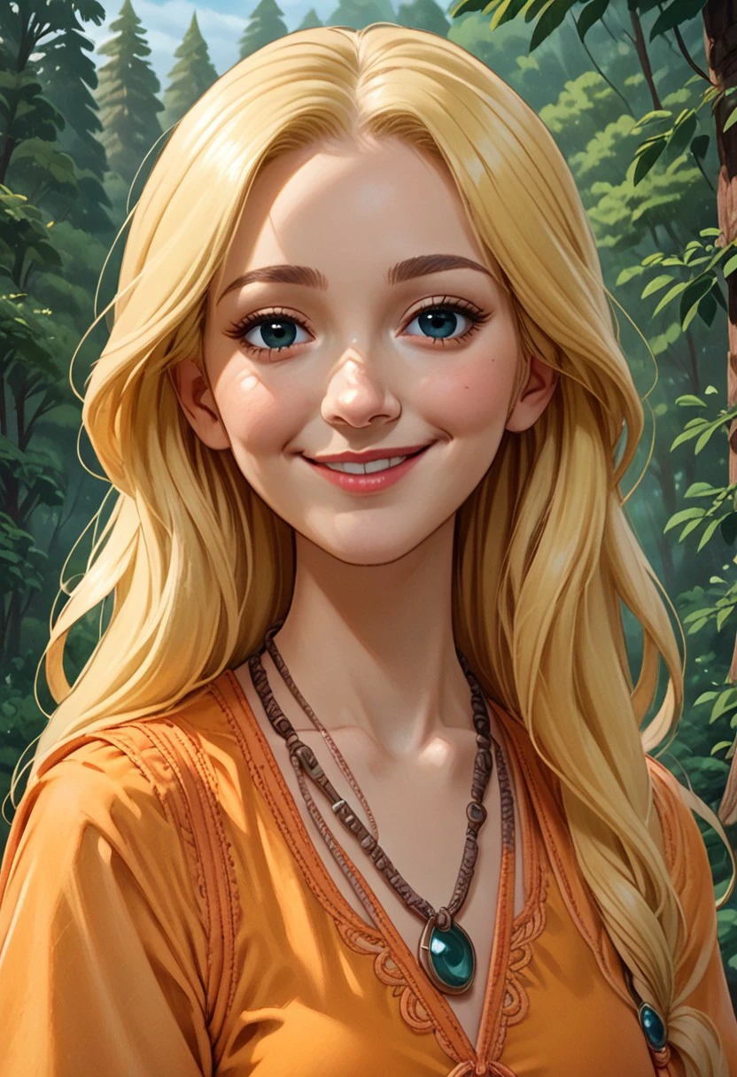 score 9, score 8, score 7, 1girl, solo, pmel, blonde hair, long hair, upper body, orange dress, looking at viewer, smile, necklace, exterior, forest,