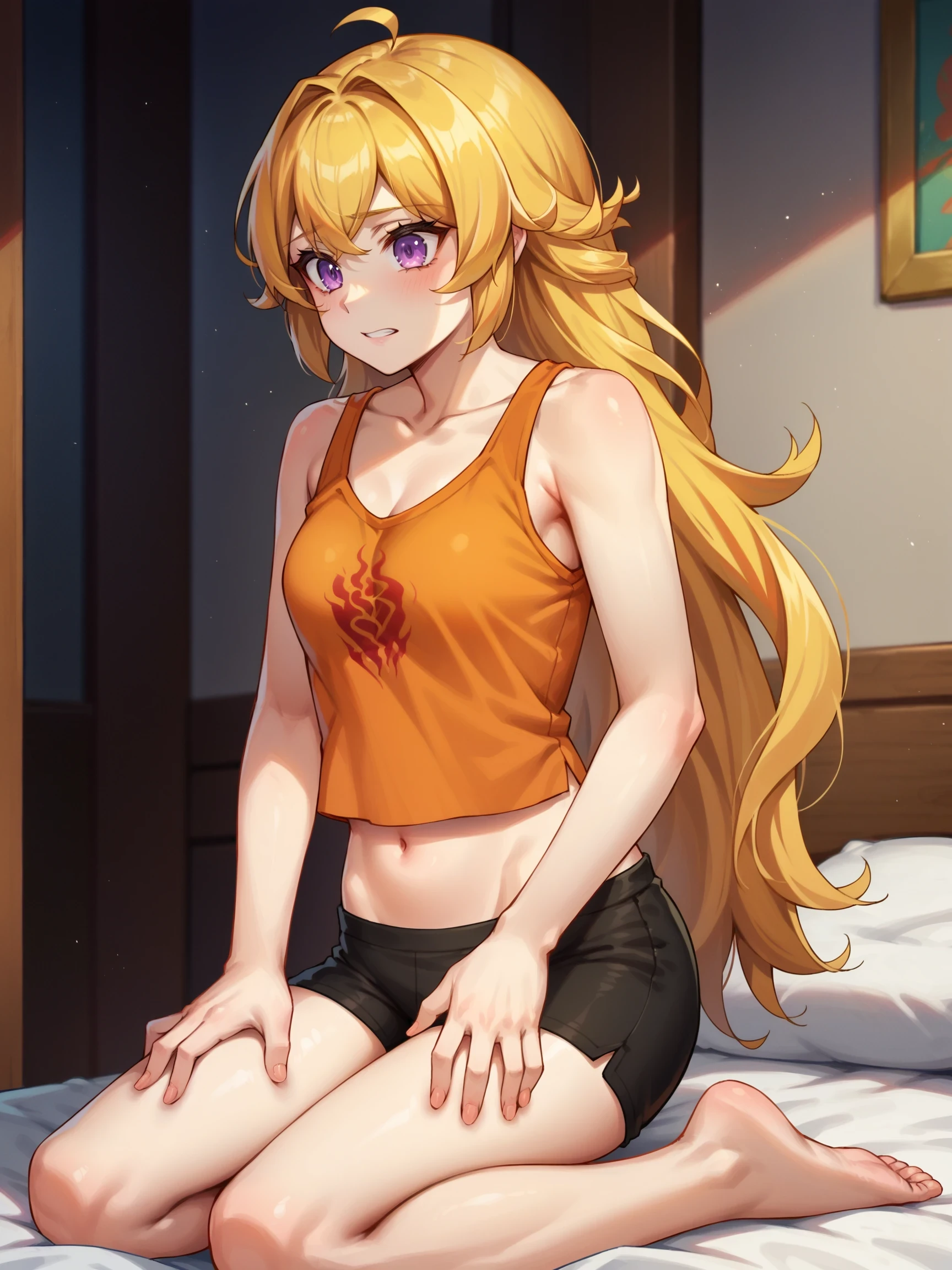 YangXiaoLong, 1girl, blonde hair, long hair, ahoge, purple eyes, Kneeling with both hands on thighs, bedroom,

score_9, score_8_up, score_7_up, source_anime, masterpiece, YangPajamas, black shorts, orange tank top, midriff, barefoot