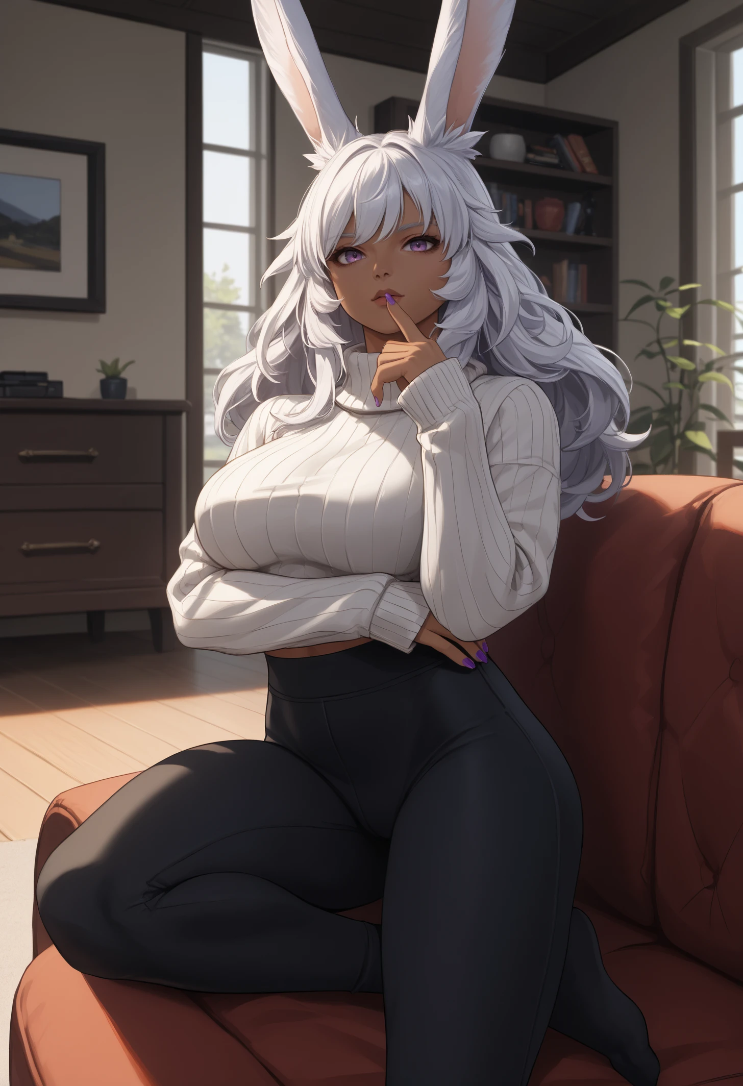 Sally Whitemane, black sweater, gray light pants, resting on a couch, cozy bedroom