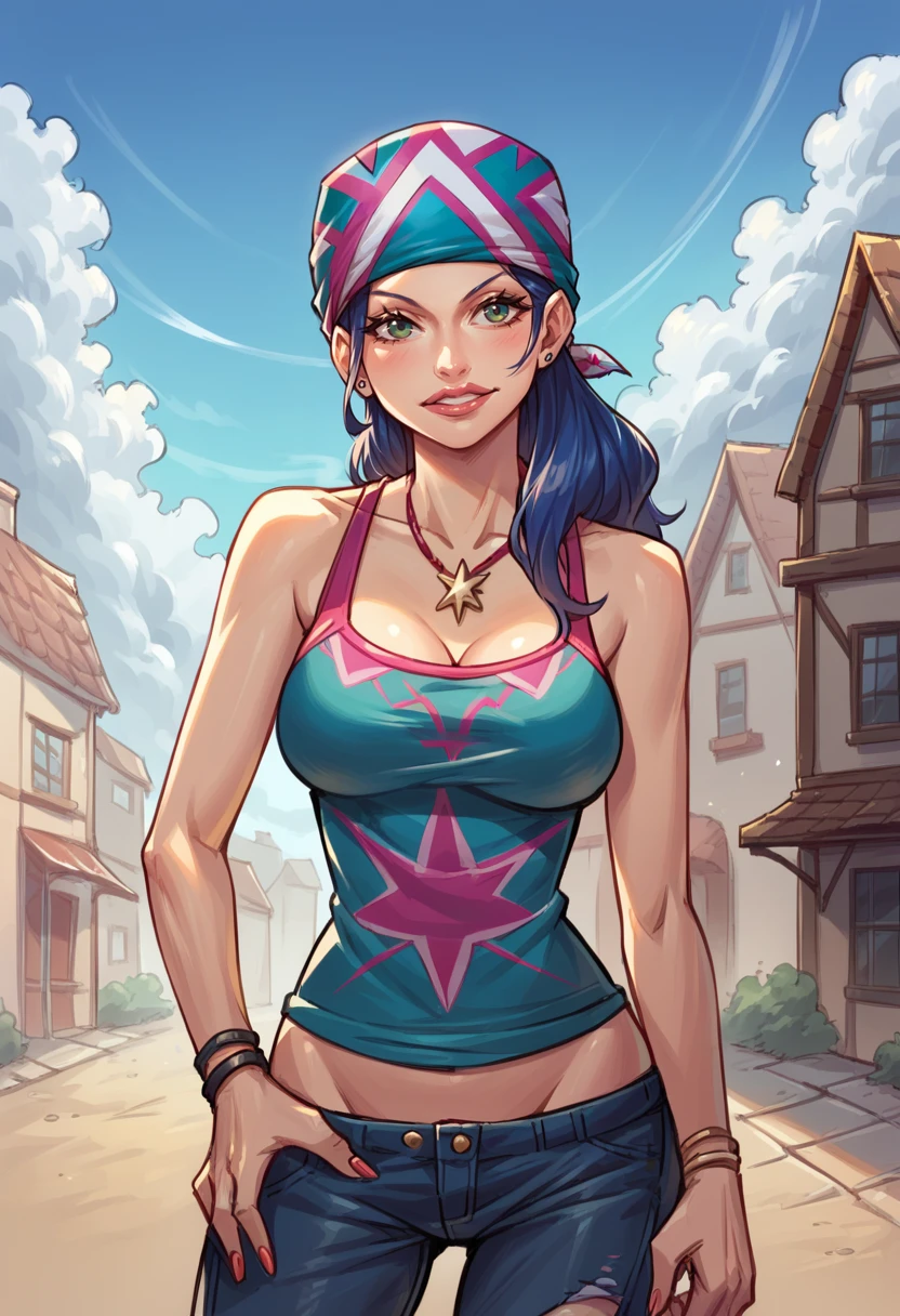 score_9, score_8_up, score_7_up, uncensored, BREAK
1girl, <lora:d0ubl3f1ng3r_5-step00000900:1>, d0ubl3f1ng3r, casualoutfit, town, bandana, tank top, pants