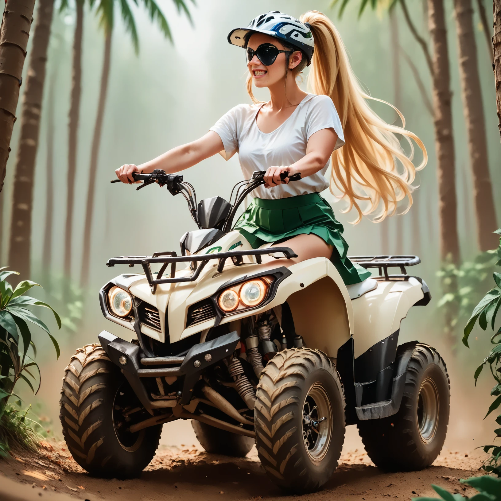 score_9, score_8_up, score_7_up, riqua (side view) , (slim 25yo female) riding a quad. green short skirt and white blouse, sneakers , long blonde ponytail  <lora:RideQuadPony:1>