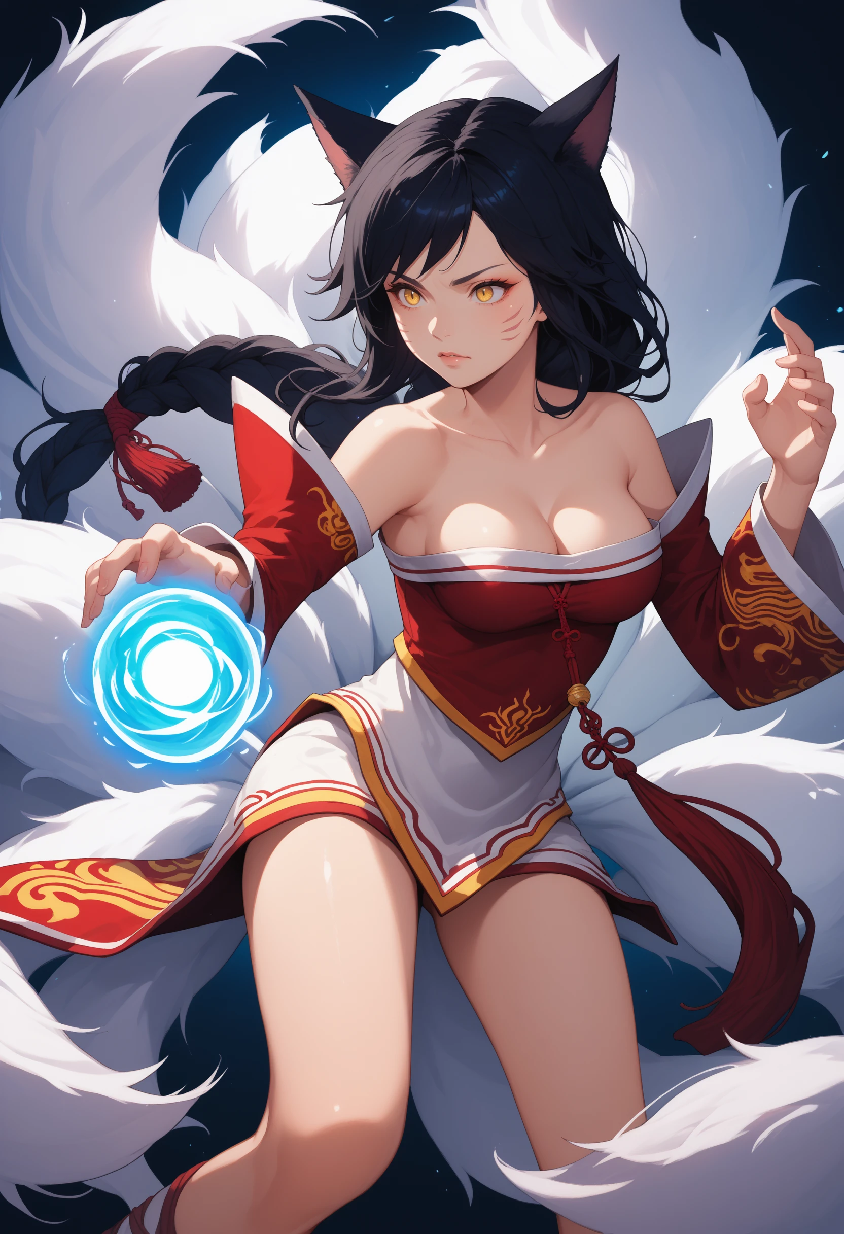 score_9, score_8_up, score_7_up, ahridefault, slit pupils, animal ears, facial mark, fox tail, multiple tails, long hair, single braid, black hair, yellow eyes, large breasts, korean clothes, collarbone, bare shoulders, cleavage, detached sleeves, <lora:Ahri_pdxl_Incrs_v1:1>, solo, energy ball, dynamic pose,