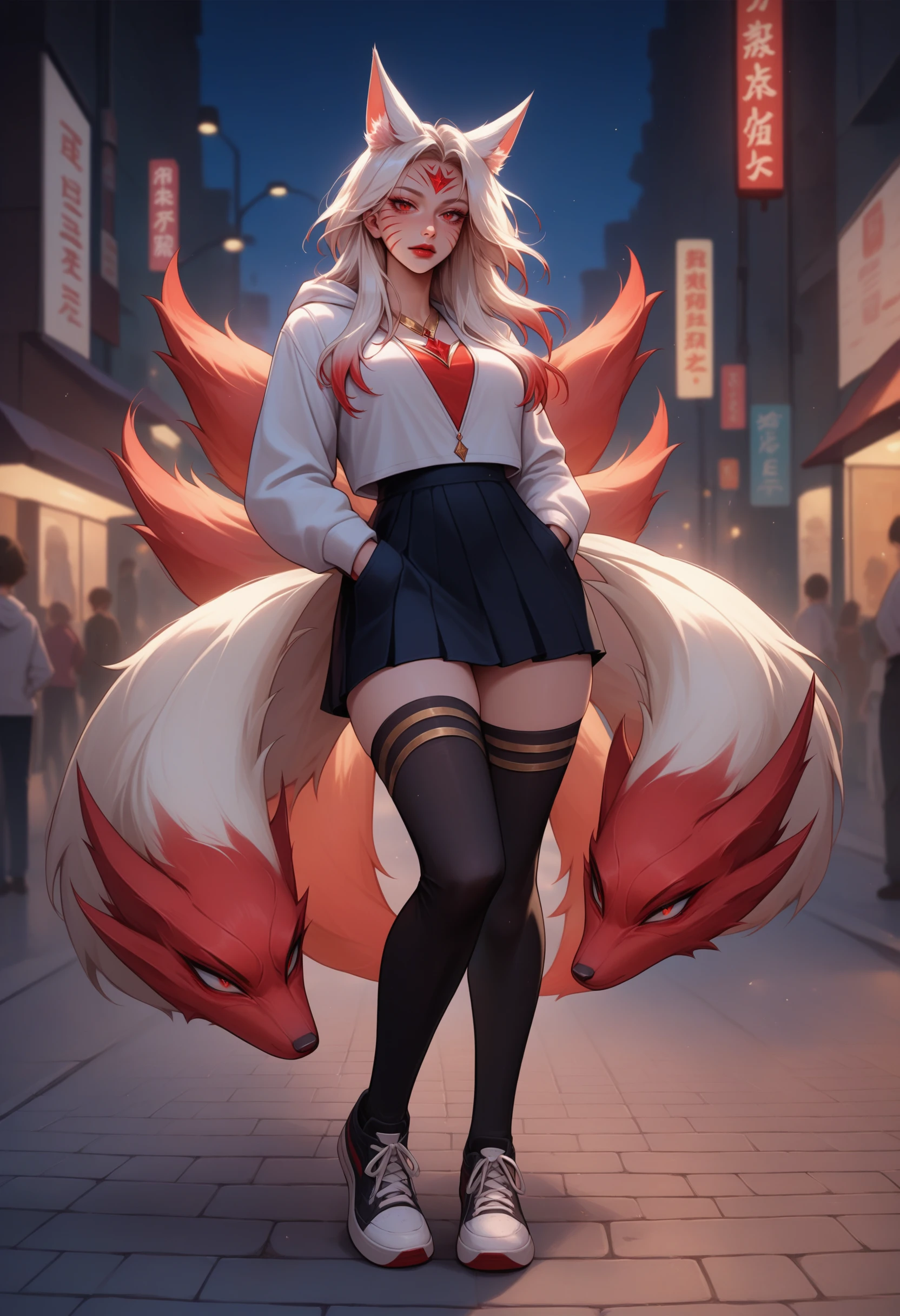 score_9, score_8_up, score_7_up, score_9, score_8_up, score_7_up, ahriImmortLgnd, animal ears, facial mark, fox tail, multiple tails, long hair, white hair, red eyes, large breasts, red lips, red nails, forehead mark, pendant, <lora:Ahri_ImmortalizedLegend_pdxl_Incrs_v1:1>, white hoodie, outdoors, night, street, lamppost, hands in pockets, full body, black thighhighs, shoes, skirt, thick thighs,