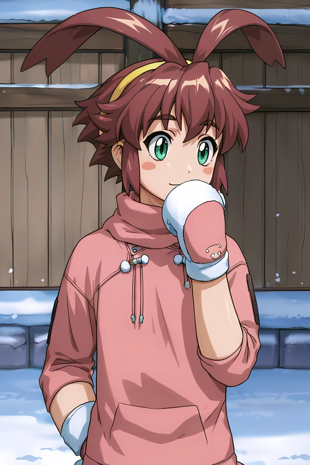 score_9, score_8_up, score_7_up, score_6_up, score_5_up, score_4_up, source_anime, rating_safe, 1girl, uma, snow sweater, snow, mittens