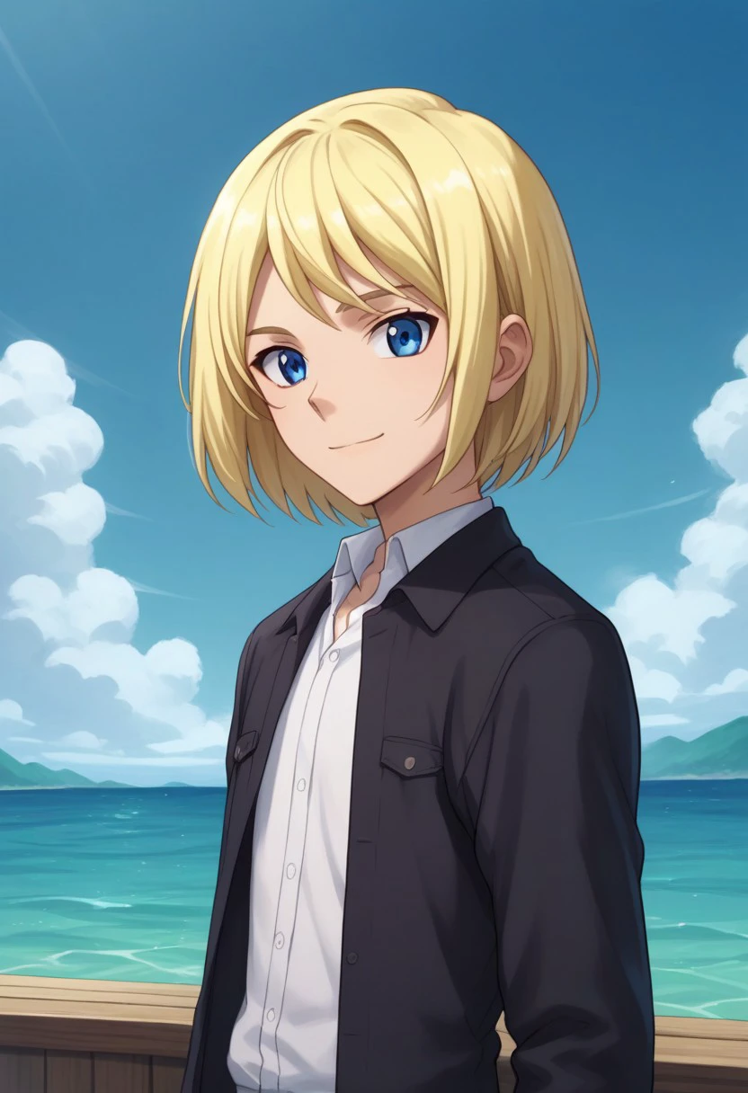 score_9, score_8_up, score_7_up, source_anime, highly detailed, 
shionkiba, blonde hair, solo, blue eyes, sky, cloud, 1boy, day, short hair, looking at viewer, shirt, water, jacket, white shirt, black jacket, smile
outdoor, sky,