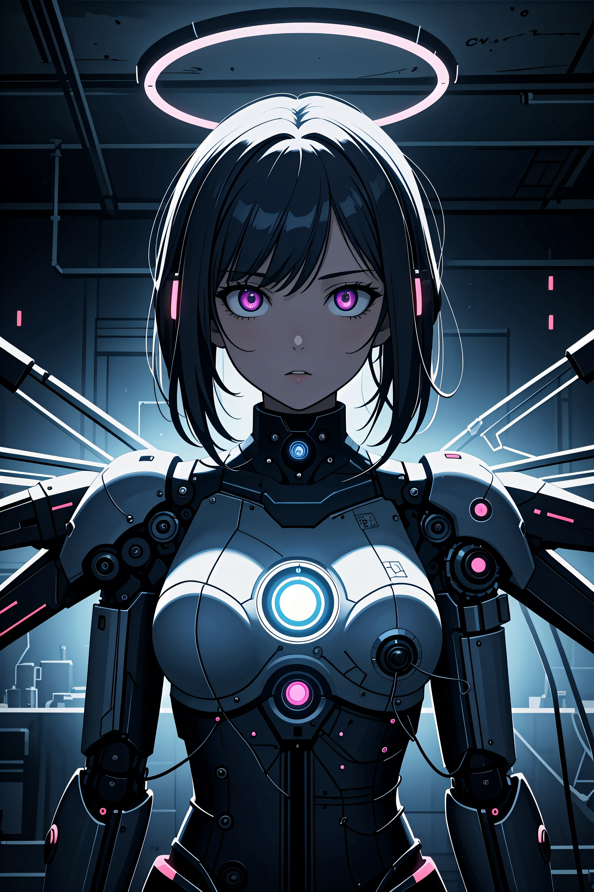 (masterpiece, best quality, absurdres), 1girl, solo, upper body, looking at viewer, parted lips, expressionless, cyberpunk, mechanical arms, mechanical eye, mechanical ears, mechanical halo, mechanical wings, mechanical parts, neon trim, glowing, glowing eye, indoors, messy room, wire, neon trim