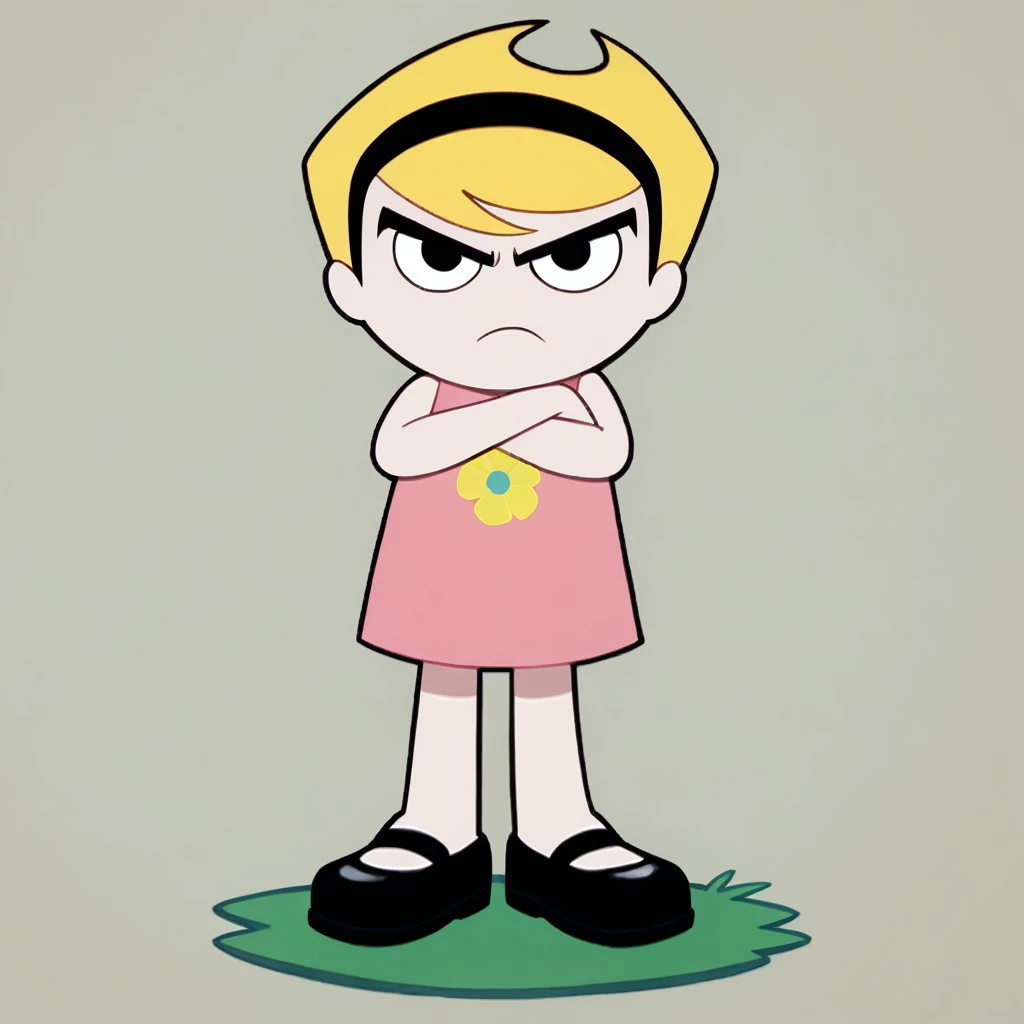 <lora:Mandy_PonyXL:1> mandygrim, 1girl, blonde hair, hairband, shaped hair, short hair, pointy hair, pink dress, annoyed