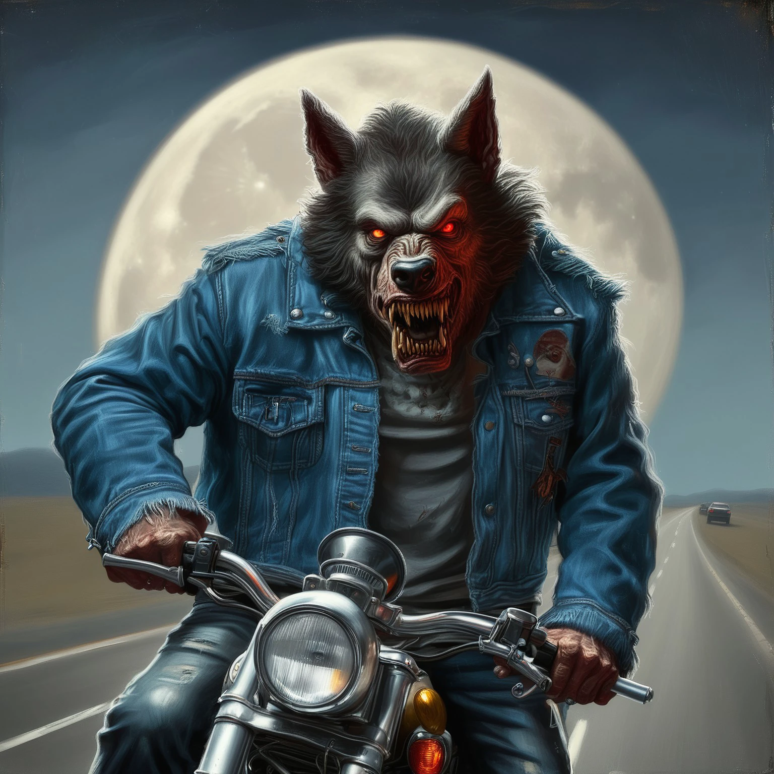 edrepkastyle, album cover, horror, painting, soft, highly detailed, exaggerated, a werewolf in a denim jacket, motorcycle, highway, night, full moon