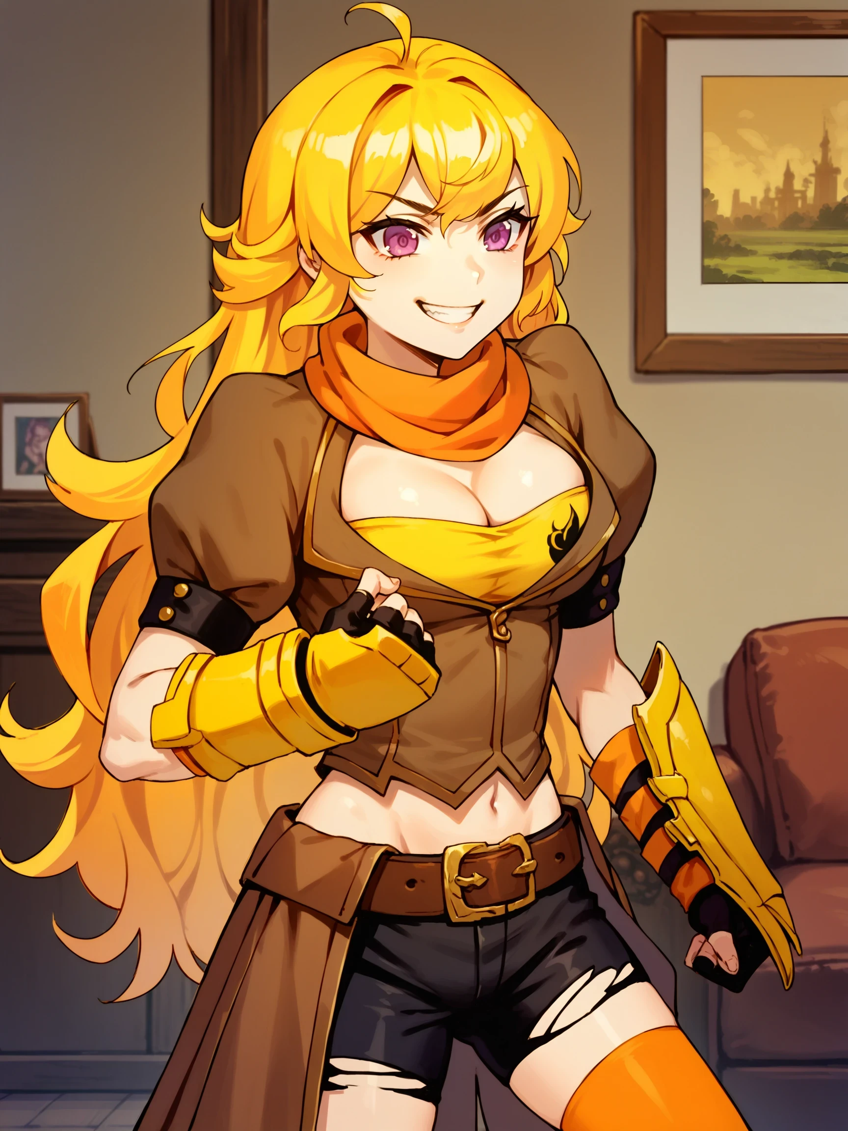 YangXiaoLong, 1girl, blonde hair, long hair, ahoge, purple eyes, living room, smirk,

score_9, score_8_up, score_7_up, source_anime, masterpiece,, YangVol1Huntress, brown jacket, cropped jacket, puffy short sleeves, orange scarf, black shorts, brown hip cape, knee boots, cleavage, fingerless gloves, belt, brown boots, orange legwear