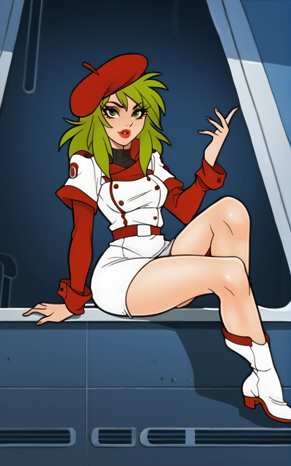 score_9, score_8_up, score_7_up,((best quality)), absurdres,((full body)), <lora:AtashaPXL:0.8>,AtashaPXL, green hair, lipstick, beret, red beret, white dress, white boots, red belt, long sleeves,military uniform,red sleeves,short dress,white short sleeves,green eyes, <lora:JagodibujaStylePXL:0.8>,pinup, sitting, inside, spaceship, futuristic, sci-fi