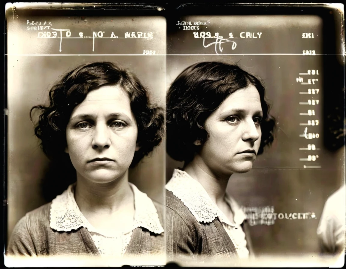 1920smugshot, 1920s mugshot of a woman, <lora:SDXL_1920smugshots_LoRA_v2:1>