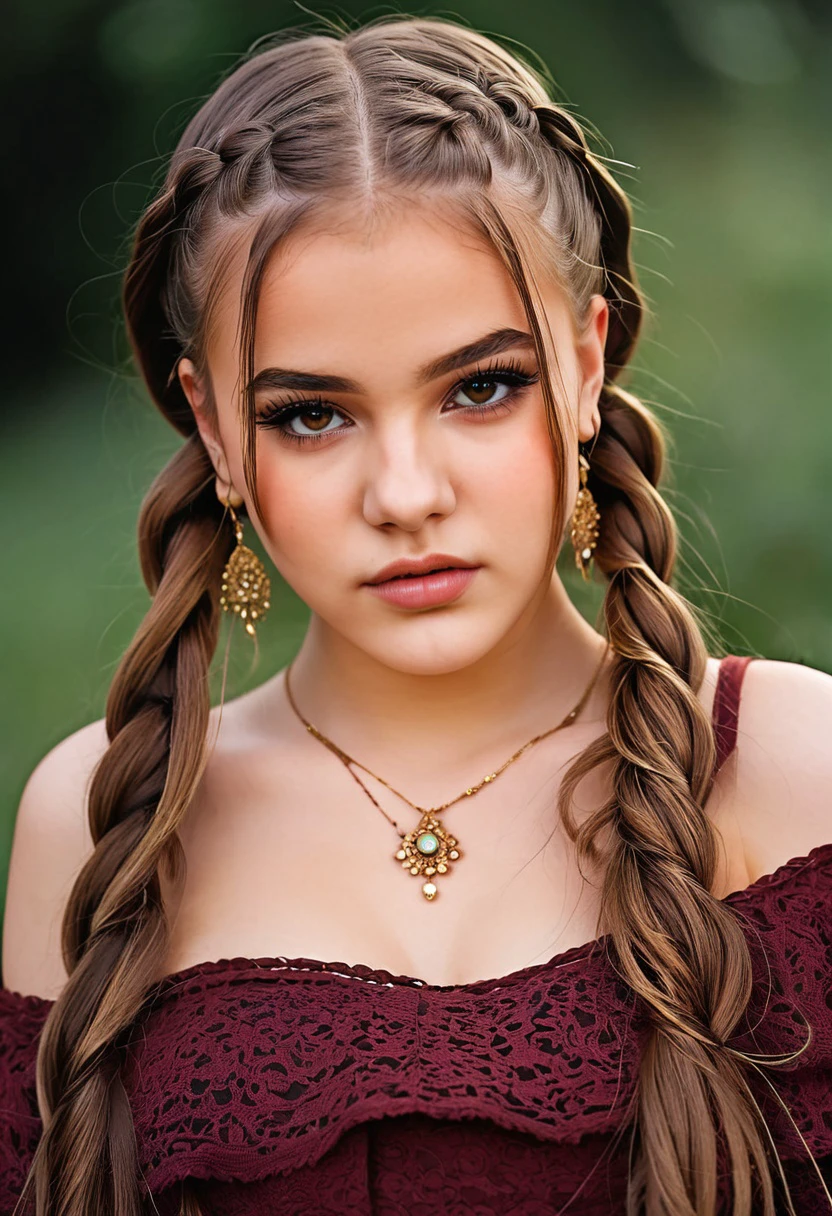 Daneliya, 18 year old, portrait, eyeliner, makeup, upper body, twinbraids, 8k, extremely detailed face