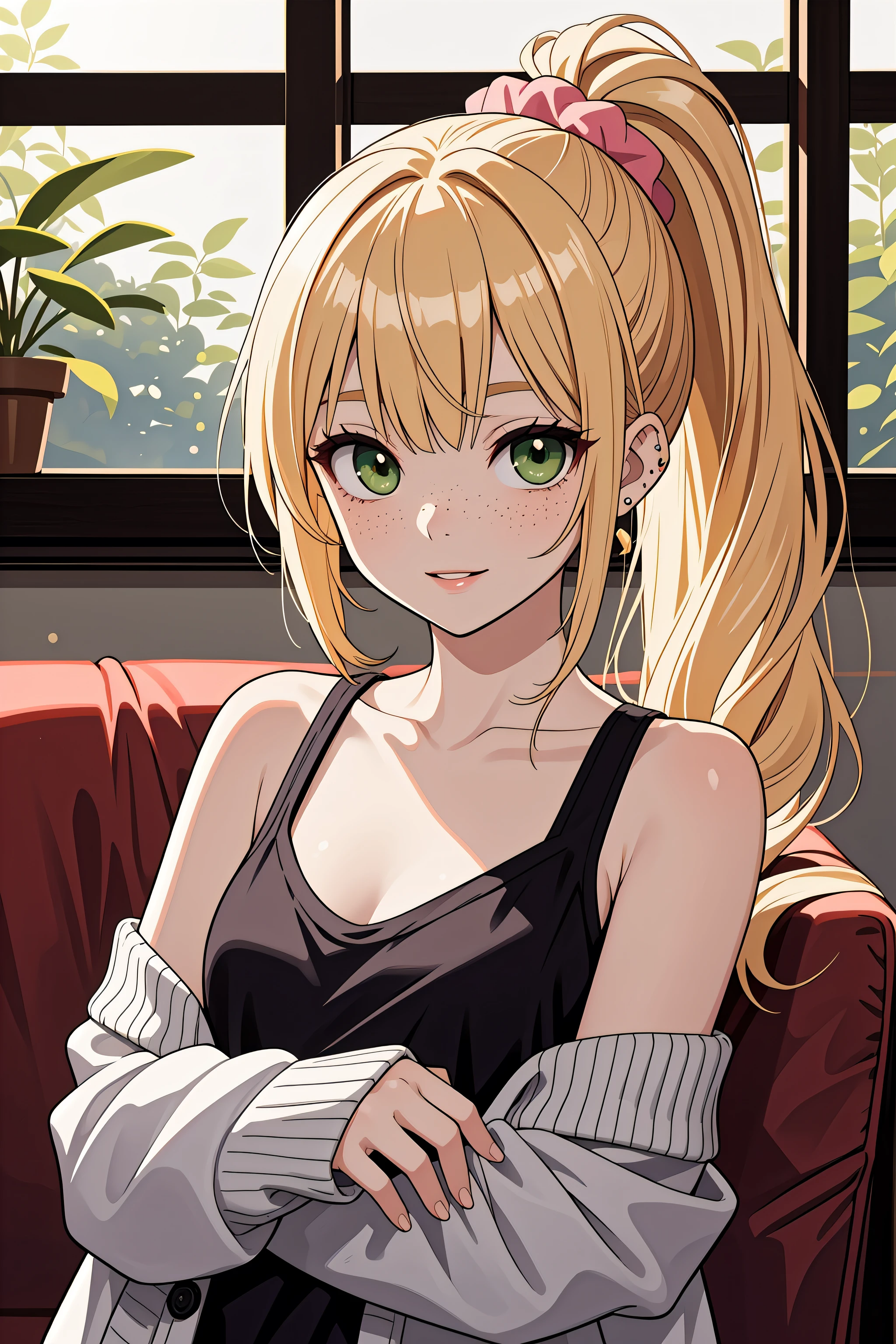 (masterpiece, best quality, absurdres), 1girl, solo, upper body, blonde hair, long wavy hair, high ponytail, asymmetrical bangs, green eyes, small perky breasts, freckles, pale skin, long eyelashes, pink scrunchie, ear piercing, indoors, living room, leaning back, looking at viewer, oversized clothes, open cardigan, sleeves past wrists, off shoulder, tank top, low neckline, parted lips, light smile, light rays, window shade, light particles, come hither