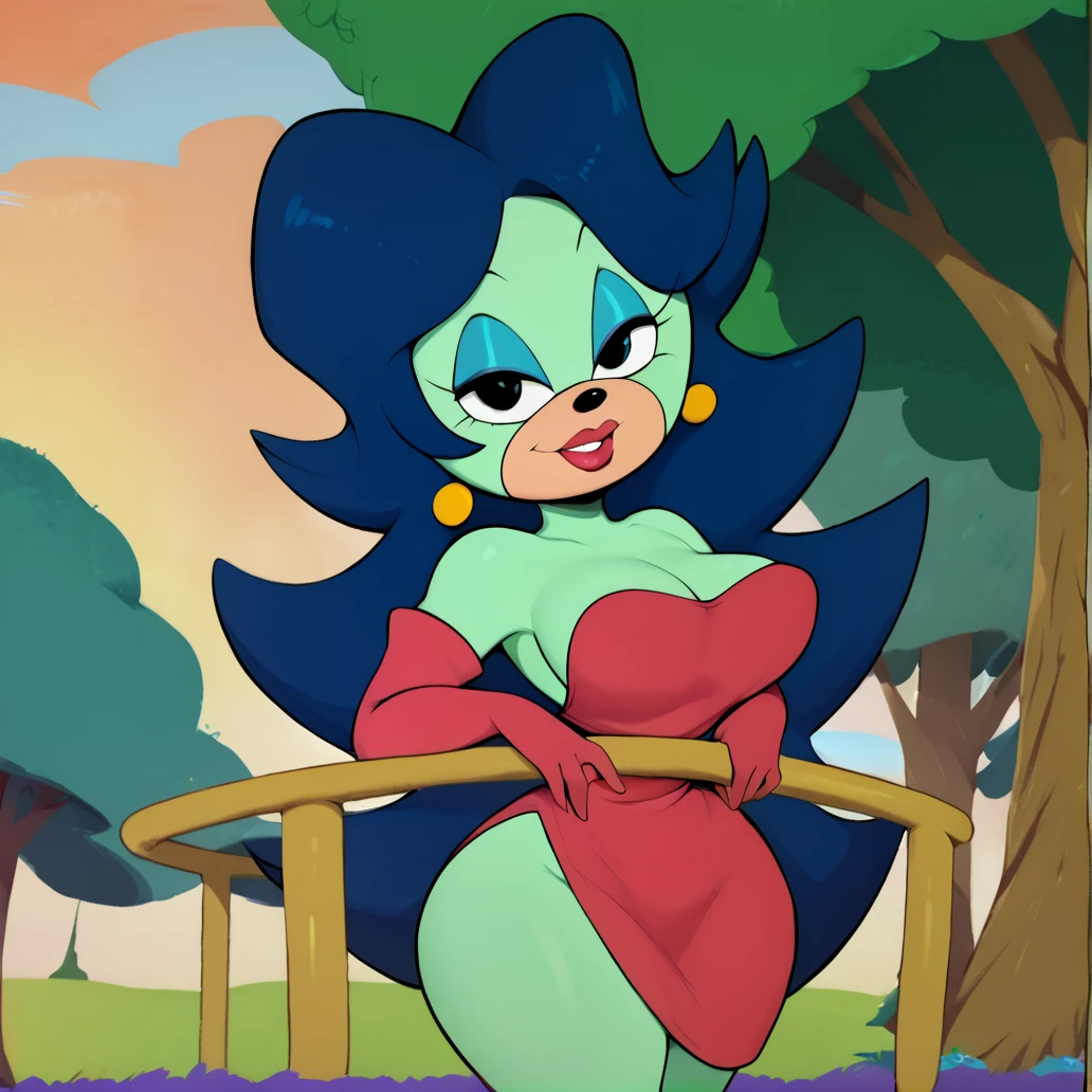 score_9, score_8_up, score_7_up, score_6_up, score_5_up, score_4_up, BREAK,  <lora:Breezie_the_hedgehog:1>, breeziethehedgehog, red dress, outside, trees, clouds, park, makeup, looking at viewer, long hair, furry female, green fur, dark blue hair, red elbow gloves,  <lora:usnarbit-guy-PONY-DORAv1:1>, large breasts, wide hips,