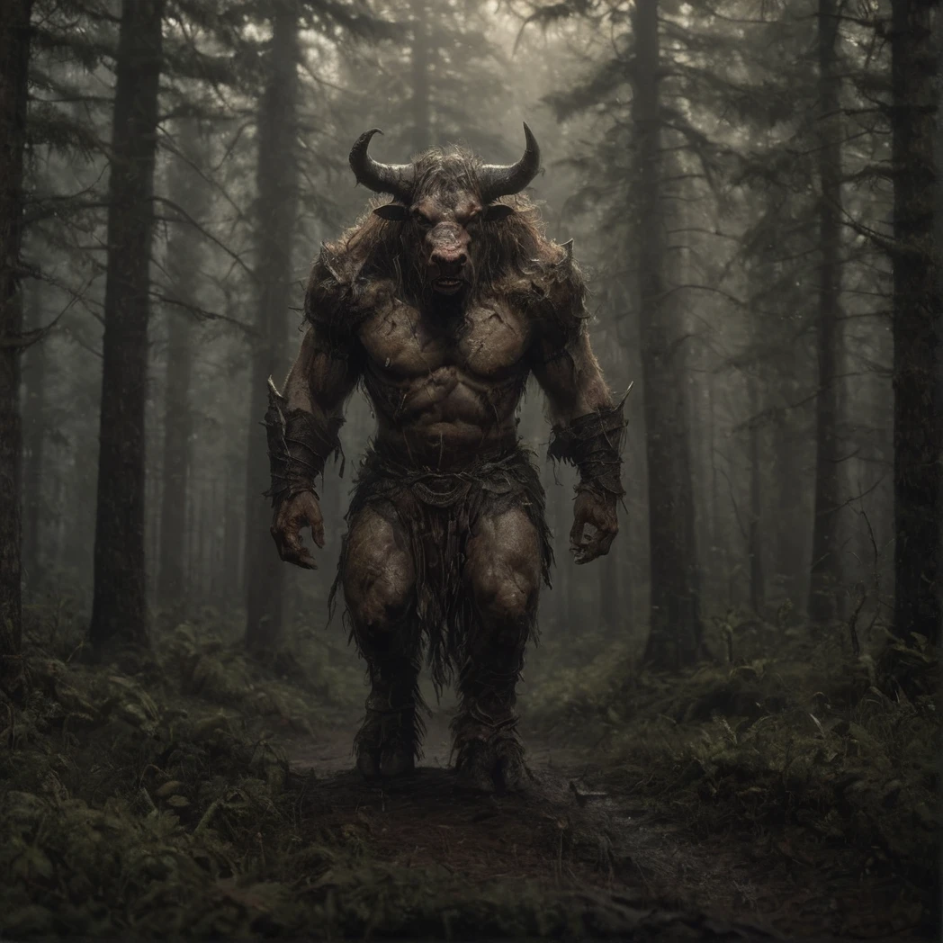 ((Minotaur)), (creature, monster, moody forest), (UHD, 8K, ultra detailed, looking at the camera, highly detailed, best quality, best aesthetic, high detail, amazing detail, masterful, work of a master, highly detailed background, shallow depth of field, photorealistic, RAW image, 
8k high resolution, ray tracing, realistic, dark, volumetric lighting), shoulder armor, loincloth,
