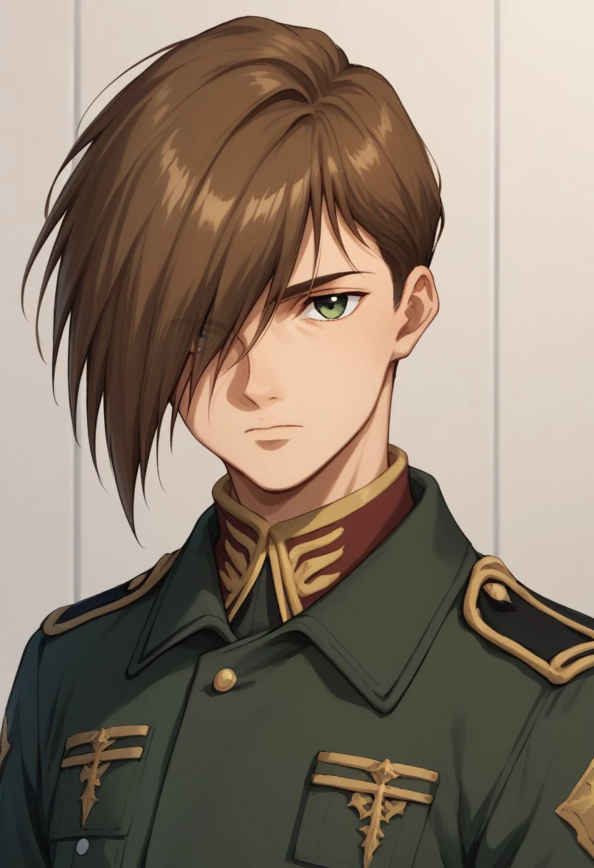 score_9, score_8_up, score_7_up, source_anime, highly detailed, 
trowa, 1boy, male focus, solo, uniform, military uniform, military, brown hair,
green eyes, closed mouth, upper body, looking at viewer, green jacket, grey pants, hair over one eye
indoor