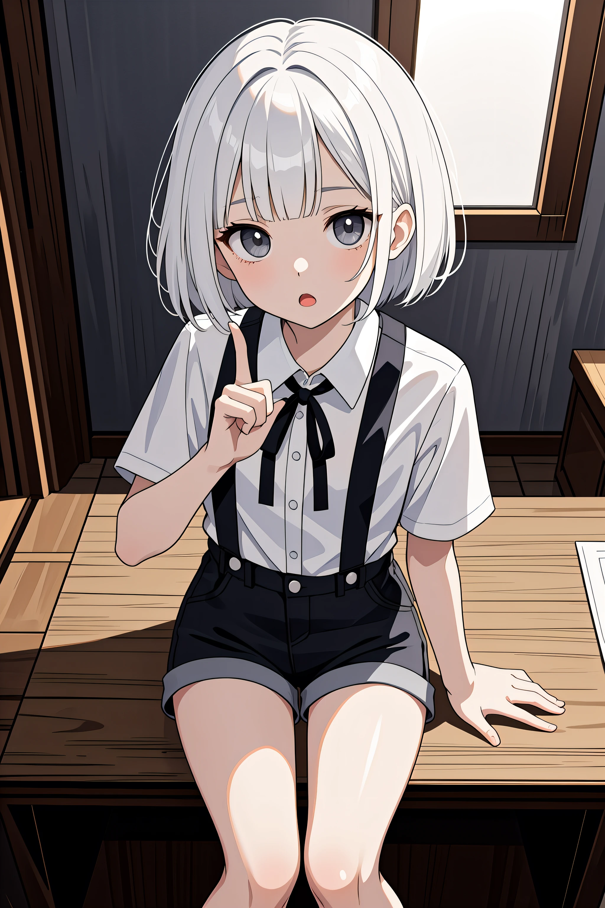 (masterpiece, best quality, absurdres), 1girl, solo, white hair, short hair, straight hair, blunt bangs, grey eyes, flat chest, narrow waist, petite, pale skin, suspender shorts, collared shirt, neck ribbon, indoors, looking at viewer, hand up, index finger raised, ;o, shirt tucked in, from above, sitting