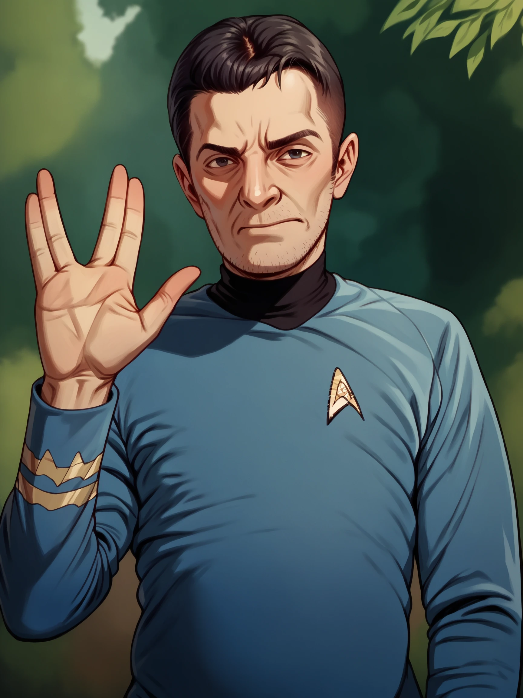 score_9, score_8_up, score_7_up, score_6_up, score_5_up, score_4_up,1boy in stunf,star trek uniform blue,in a forest,long sleeves<lora:ponytosnewV2:0.8>, vulcansalute hand gesture<lora:VulcansalutePonyV1-000035>