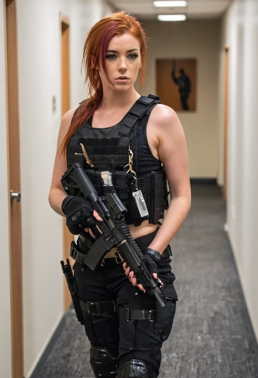 A photograph taken on an iPhone. The photo is of an attractive 23-year-old British undercover soldier with red hair. She is wearing attractive casual clothing and a black military tactical vest body armor. The shot is of her standing and holding a pistol at chest level. She is standing in an office hallway. The vibe is somber, eerie <lora:Tactical_Mk_3:0.4>