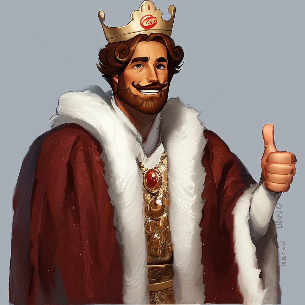 score_7_up, score_8_up, upper body, detailed, 
BREAK,
solo male, human, packking, crown, royal clothing, brown hair, mustache, facial hair, jewelry,  robe, smile, simple background, (thumbs up),