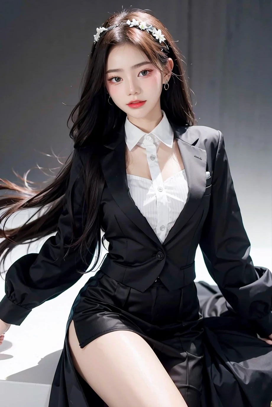 1girl, black  random formal attire, white background,   <lora:djfakfang-02:1>