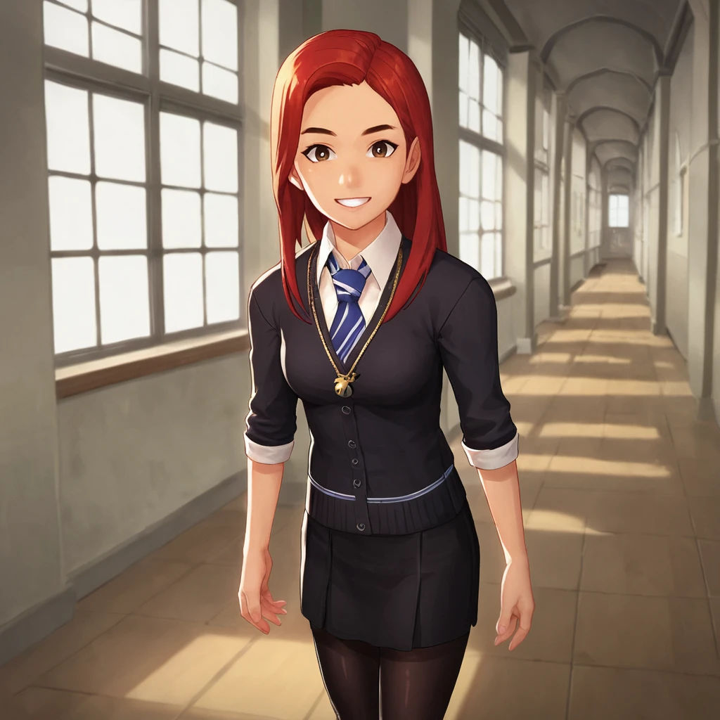 score_9,score_8_up, score_7_up, source_anime, BREAK
indoors, window, hallway,
<lora:Tulipkarasu_SDXL:0.7>, tulipkarasu, 1girl, looking at viewer, smile, red hair, long hair, solo, school uniform, black skirt, jewelry, collared shirt, necklace, medium breasts, blue necktie, striped necktie, sleeves rolled up, black pantyhose, medium breasts, thighs, cowboy shot, standing, dynamic pose, from above,