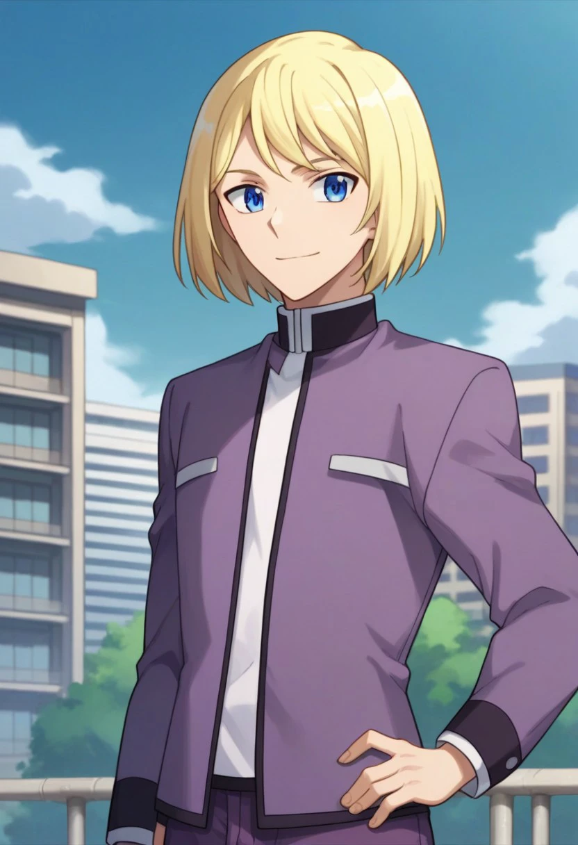 score_9, score_8_up, score_7_up, source_anime, highly detailed, 
shionkiba, 1boy, male focus, blonde hair, short hair, blue eyes, solo, smile, upper body,
school uniform, hand on hip, purple jacket, purple pants,
outdoor, sky, buildings,