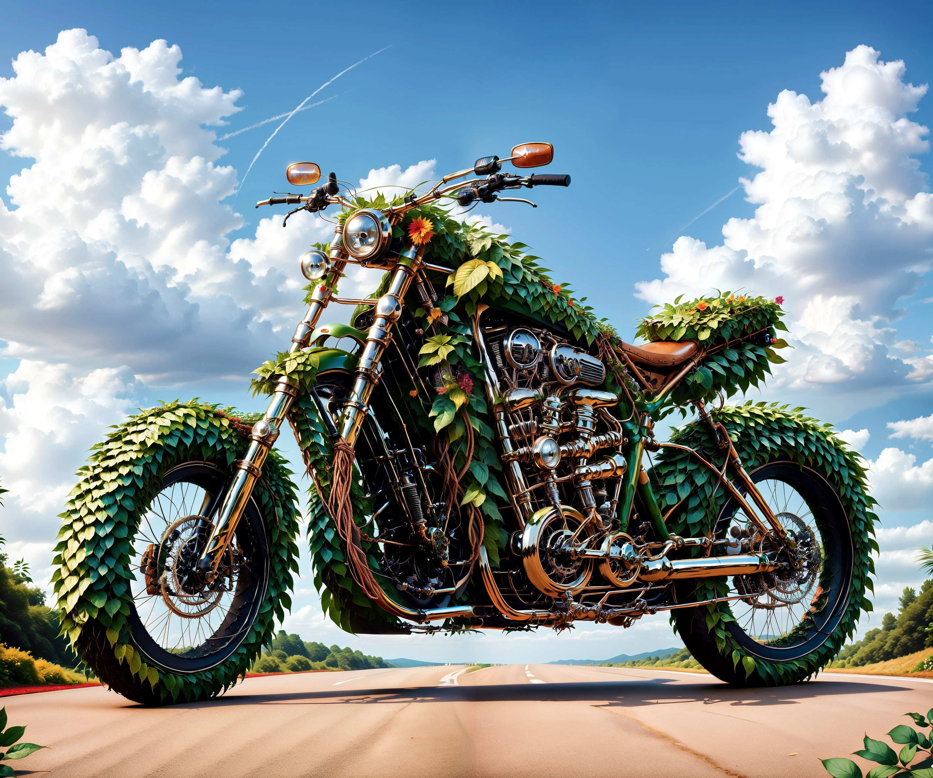 a realistic photo, (foliage-and-root:1.0), (a rmotorcycle:1.1),

clouds, colorful sky, 

high details, vibrant colors, sharp, 16k, filigree details, 
