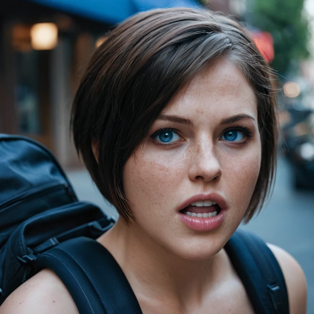 cinematic film still of <lora:detailed_notrigger:0.3>
<lora:facial expression style v2:0.1>
<lora:perfection style:0.1> perfection style
<lora:TeethXL:0.1>
<lora:detailed:0.1> detailed
<lora:skin texture style:1>
A cinematic skin texture style still image of a woman with a black top and a black backpack, detailed skin pore, film still, still photography style, sharp style, detailed style, perfect style, perfection style, Kodak film skin tone style, fujifilm skin tone style, professional photography style, skin textured, skin texture style, 1girl, solo, looking at viewer, short hair, open mouth, blue eyes, brown hair, teeth, lips, scar, portrait, realistic, jill valentine, realistic skin style
, shallow depth of field, vignette, highly detailed, high budget, bokeh, cinemascope, moody, epic, gorgeous, film grain, grainy