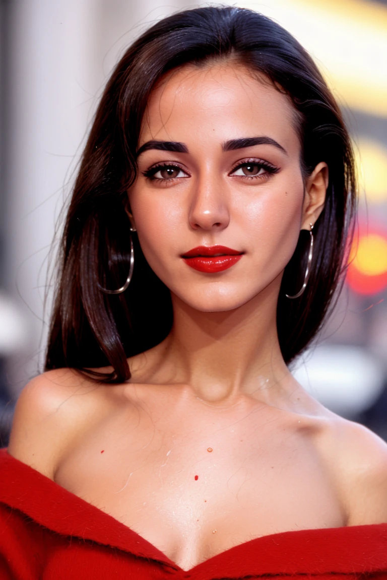 emmanuellechriqui,((red lipstick, blush)), photo of a woman, closeup portrait, perfect hair, (modern photo, Melon tight top), 24mm, (analog, cinematic, film grain:1.3), (on the streets of Paris, nighttime, gritty:1.1), detailed eyes, (seductive pose), (epicPhoto), upper body, (looking at viewer), earrings, (eyeliner, eyelashes)