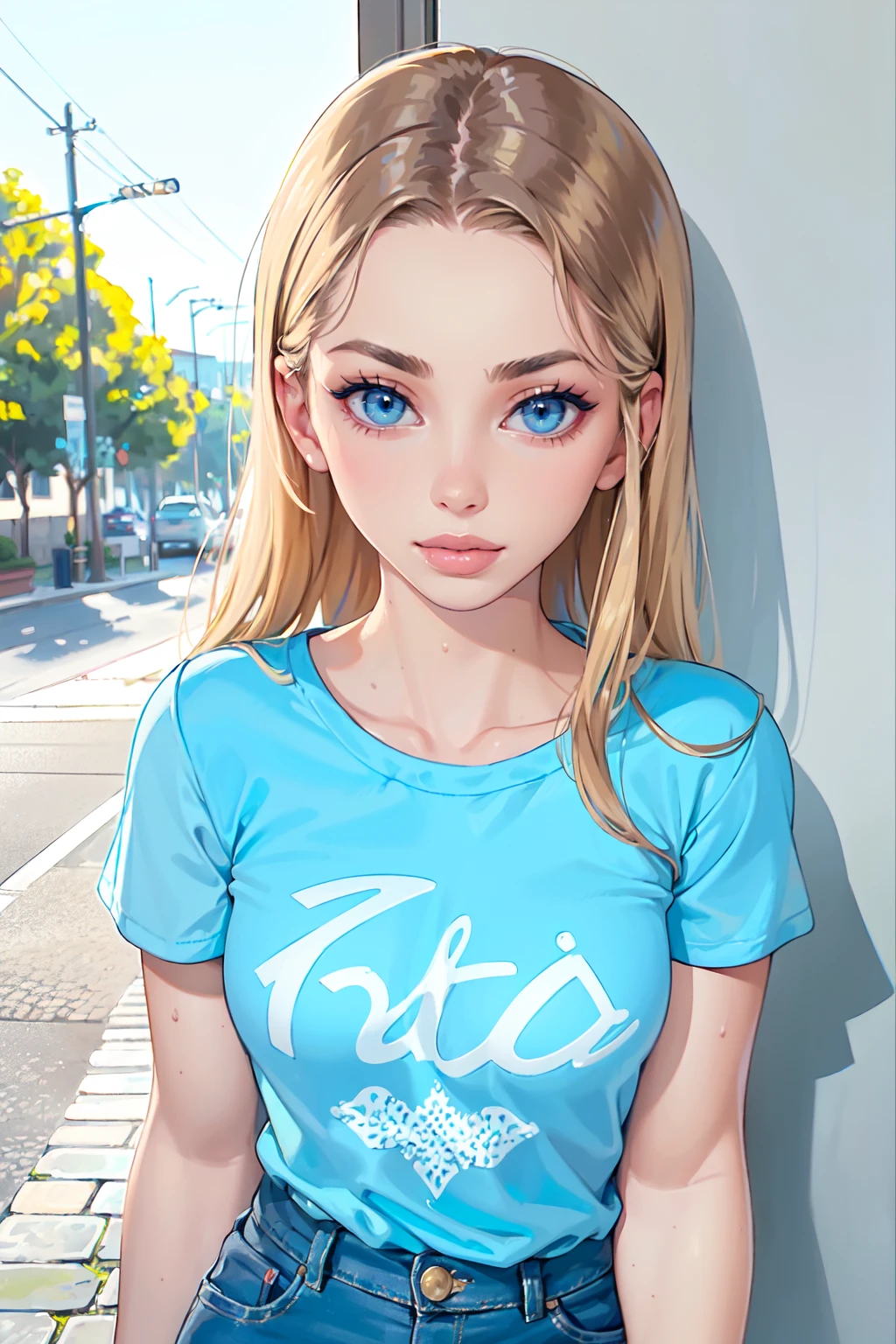 a ((portrait, upper body focus)) photograph of (1girl, 24 years old, slight smile),  <lora:ZH_EvaMenta_v1SD15:1>, zh_evamenta, solo, realistic, blue eyes, blonde hair, looking at viewer,  wearing (print t-shirt and denim shorts)