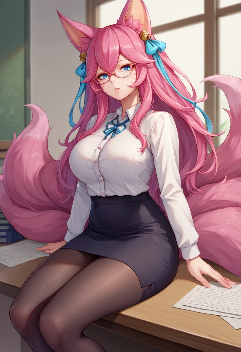 score_9, score_8_up, score_7_up, source_anime, solo, 1girl, ahriSprtBlsm, parted lips, looking at viewer, sitting on table, animal ears, animal ear fluff, facial mark, fox tail, multiple tails, long hair, hair between eyes, pink hair, blue eyes, glasses, large breasts, hair ribbon, hair ornament, hair bell, white shirt, collared shirt, black skirt, pencil skirt, black pantyhose, indoors, office <lora:Ahri_SpiritBlossom_pdxl_Incrs_v1:1>