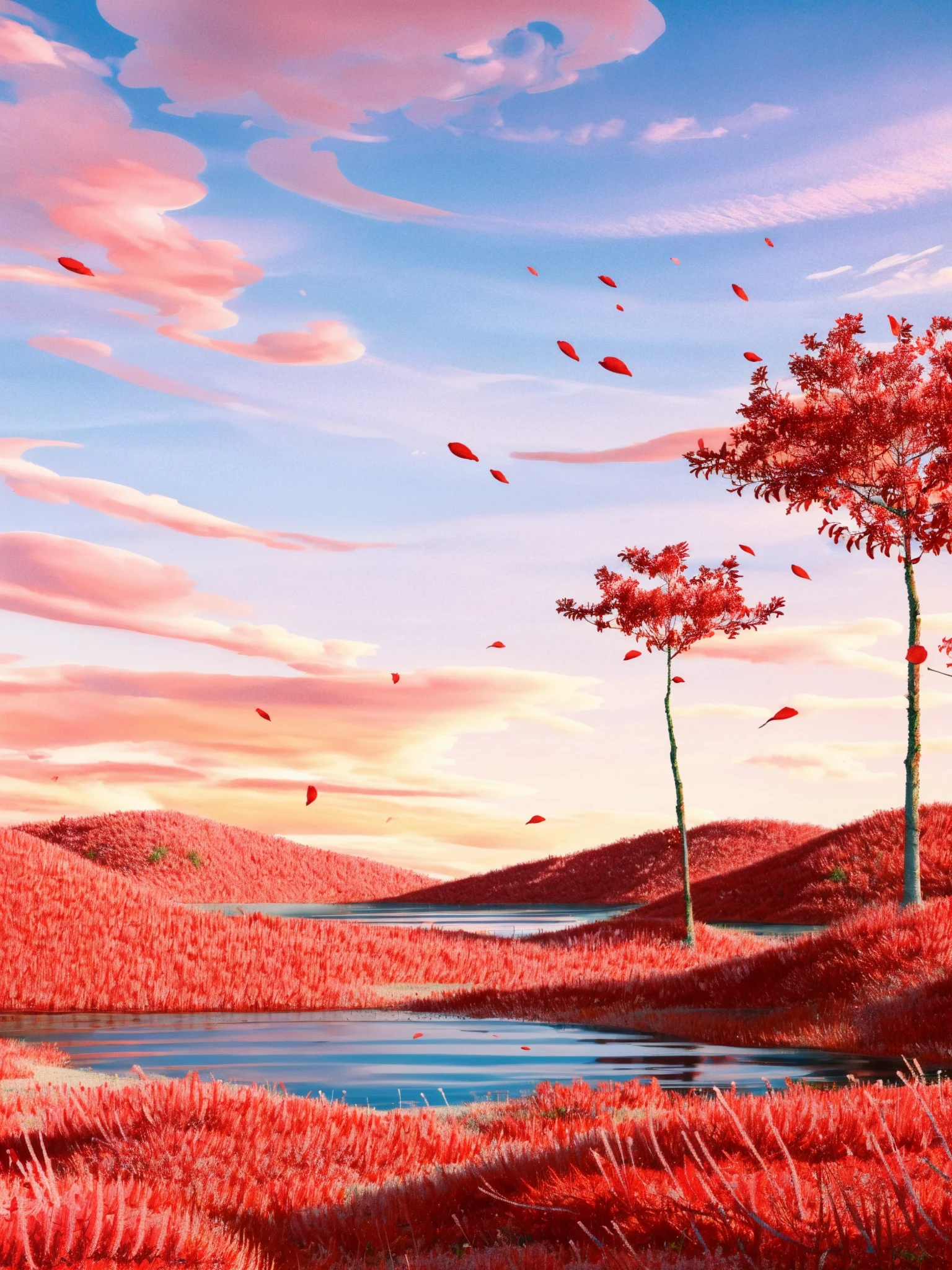 texture, HEZI, electronic mall scene, detail, rendering, tree, scenery, no humans, outdoors, sky, field, cloud, red theme, flower, leaf, petals, blue sky, grass, horizon, sunset, pink theme, reflection, flower field, spider lily, cloudy sky, landscape, nature, autumn leaves, day,<lora:çµååºæ¯-000014:0.7>,