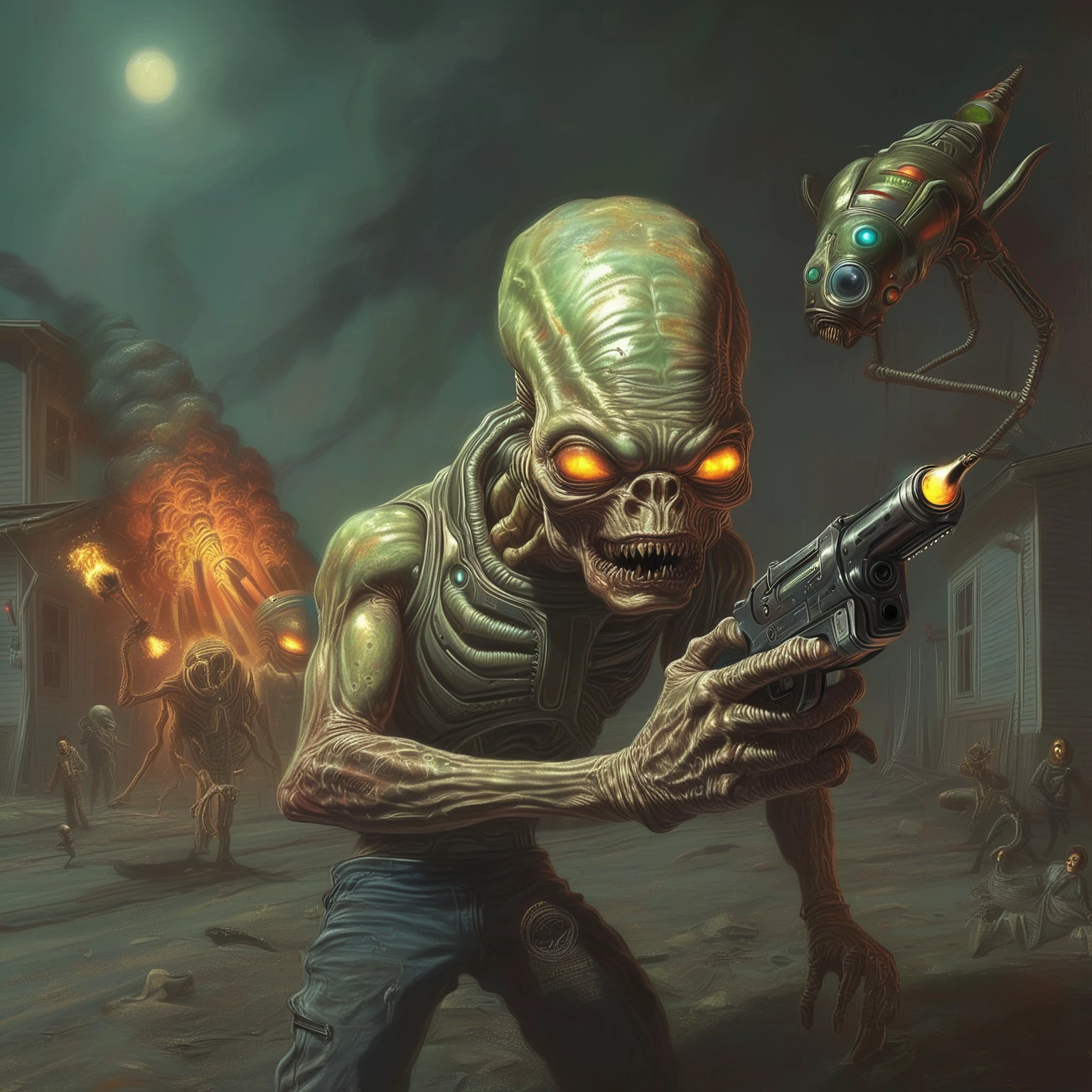 edrepkastyle, album cover, horror, painting, soft, highly detailed, exaggerated, aliens, ray gun, lighting a man on fire, multiple characters