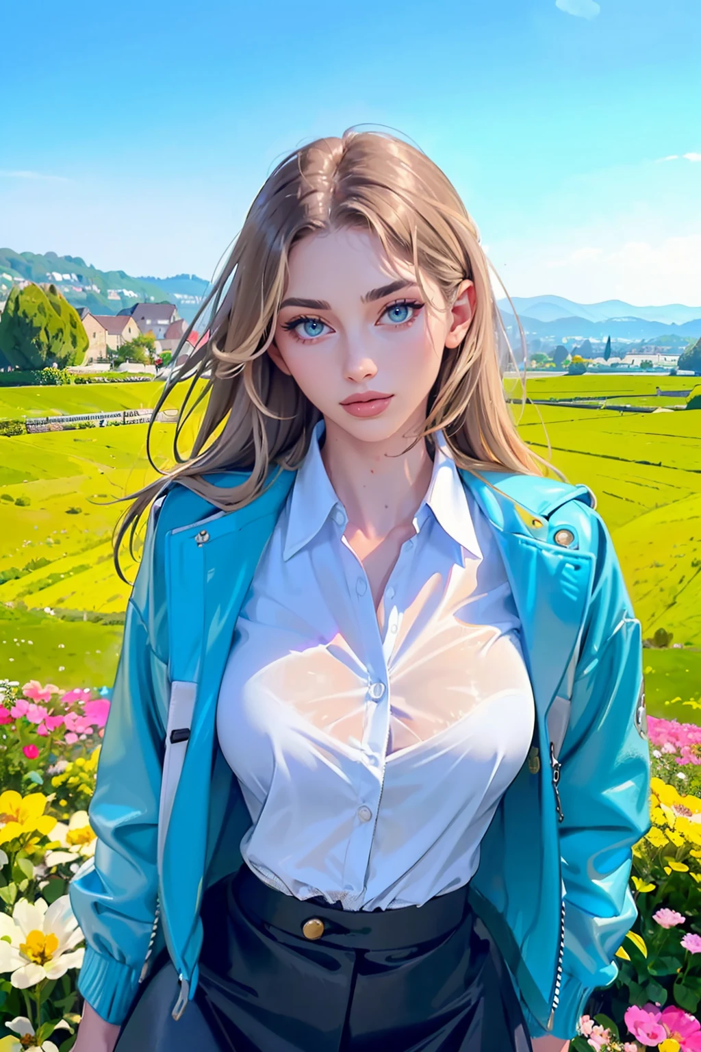 a ((portrait, upper body focus)) photograph of (1girl, 24 years old, slight smile),  <lora:ZH_EvaMenta_v1SD15:1>, zh_evamenta, solo, realistic, blue eyes, blonde hair, looking at viewer, wearing (jacket, button shirt, and pencil skirt)