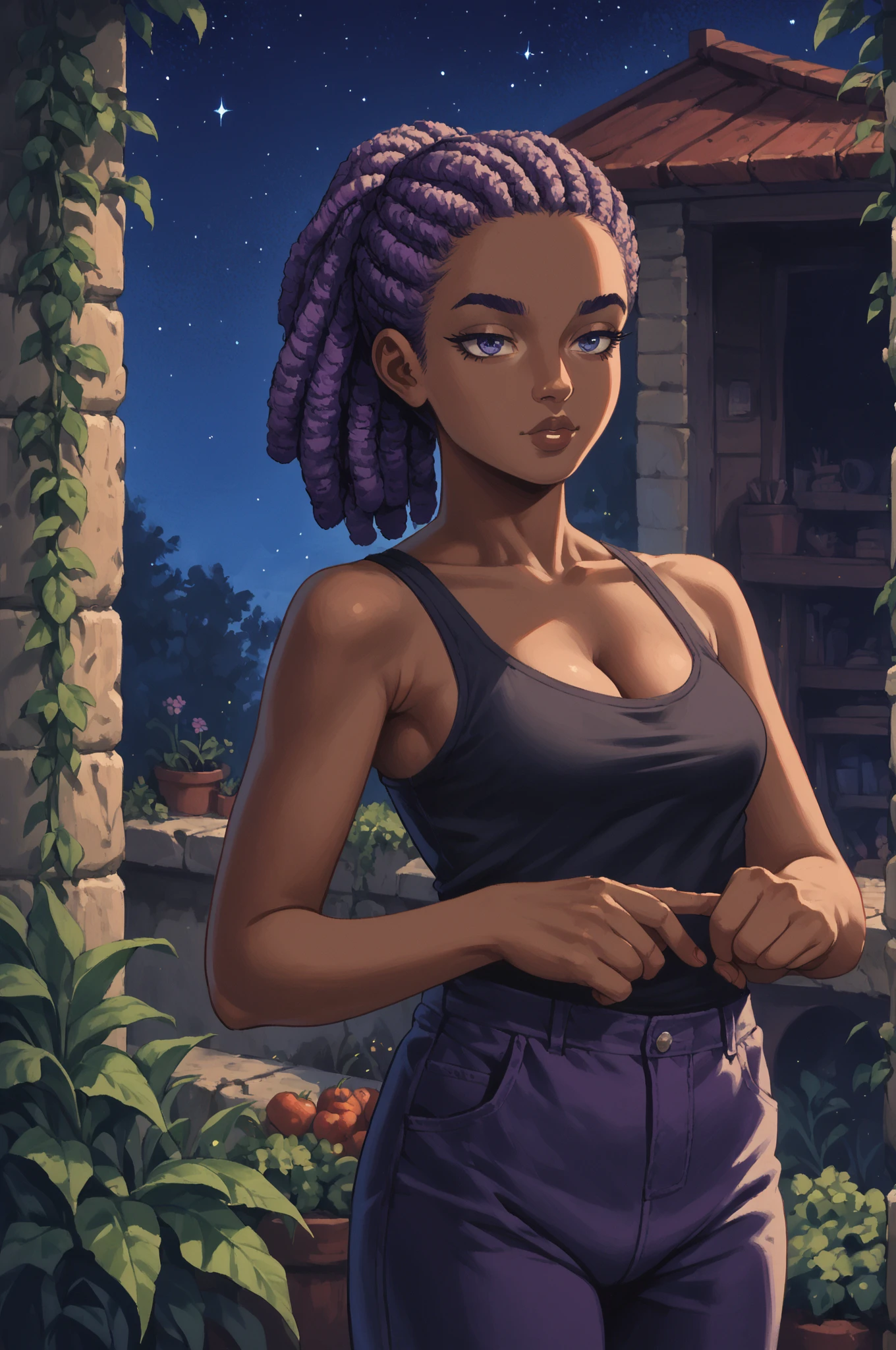 score_9, score_8_up, score_7_up, score_6_up, score_5_up, score_4_up, (high quality, detailed, beautiful)  <lora:Helene_epoch_9:0.99> helene_potnom, dark_skin, purple_hair, large_breasts, dreadlocks, 
 garden, vegetable, outdoors, night_sky, star_\(sky\), cleavage, tank_top,