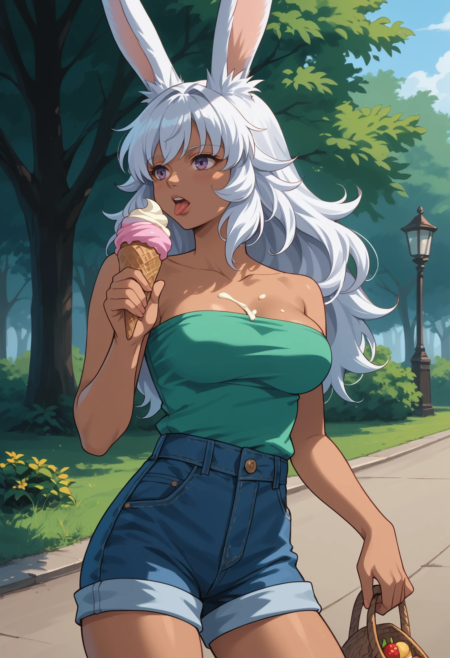 score_9, score_8_up, score_7_up, 1girl, LynaFF, dark-skinned female, animal ears, purple eyes, white hair, long hair, large breasts,  
green tube top, denim shorts,
ice cream, holding ice cream, tongue out, licking, looking down, ice cream on breasts, food on breasts, food drip, portrait, side view,
outdoors, park,
1990s \(style\), anime screencap, anime coloring, 
<lora:LynaPDXL_V1-Manityro-CAME:1.0>,