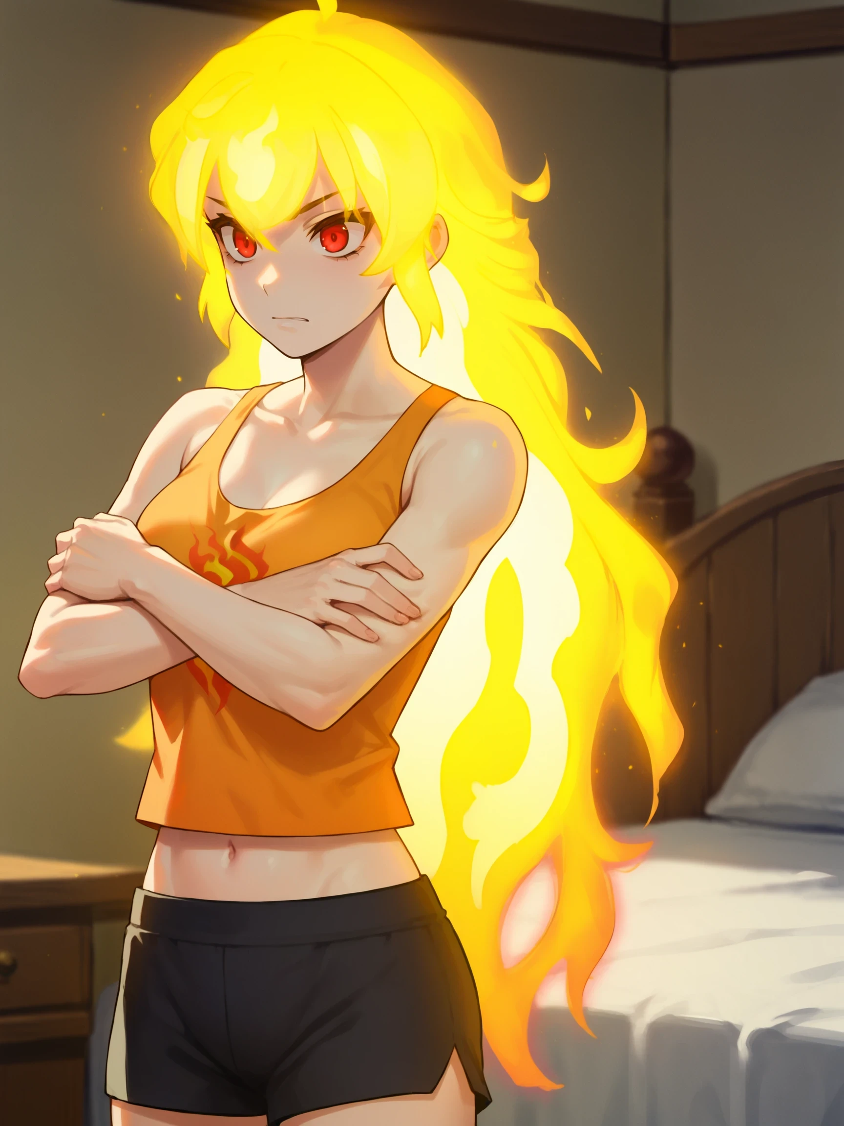 YangXiaoLong, 1girl, blonde hair, long hair, ahoge, purple eyes, Standing with arms crossed over chest, bedroom,

score_9, score_8_up, score_7_up, source_anime, masterpiece, YangPajamas, black shorts, orange tank top, midriff, barefoot, Semblance, fiery hair, red eyes