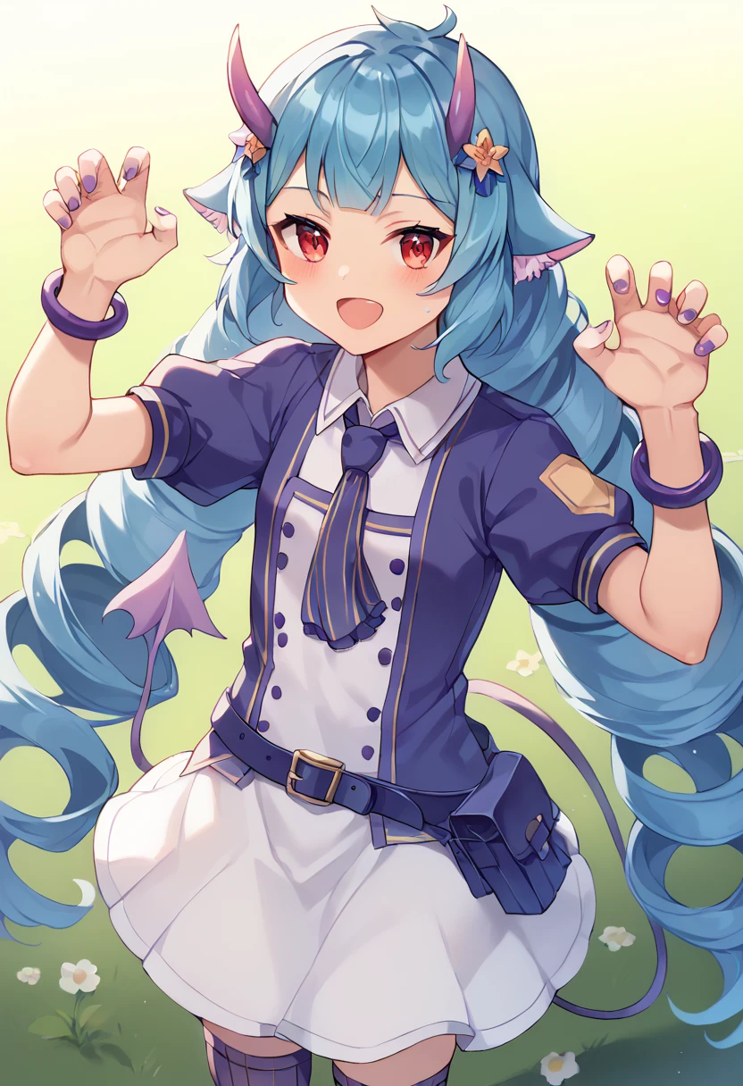 score_9,score_8_up,score_7_up,source_anime,masterpiece,best quality,game cg,1girl,solo,little_girl,flat chest,delmin_(show_by_rock!!),very long hair,drill hair,blue hair,twin drills,blunt bangs,red eyes,horns,hair ornament,tail,<lora:delminSB69:0.9>,ruhuyu_clo,(white dress:1.1),dress,necktie,short_sleeves,puffy sleeves,blue Sleeves,purple thighhighs,belt,bracelet,white skirt,white rimmed boots,<lora:ruhuyuSB69:1>,nature,hills,flower field,cowboy_shot,looking_at_viewer,kind_smile,open mouth,(from_above:1.1),claw_pose,devil tail,purple nail,looking_up,dynamic_angle,