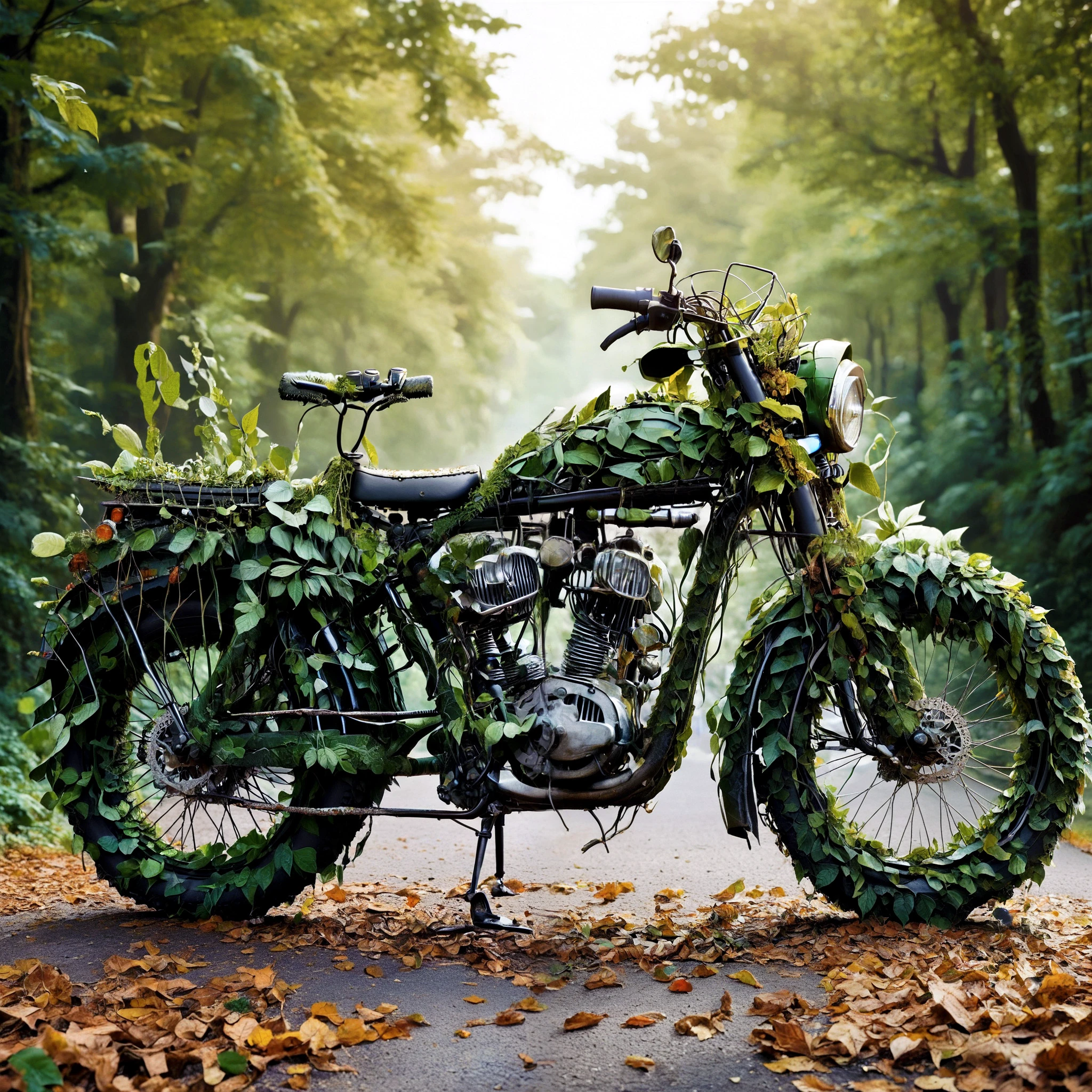 foliage-and-root, a motorcycle,