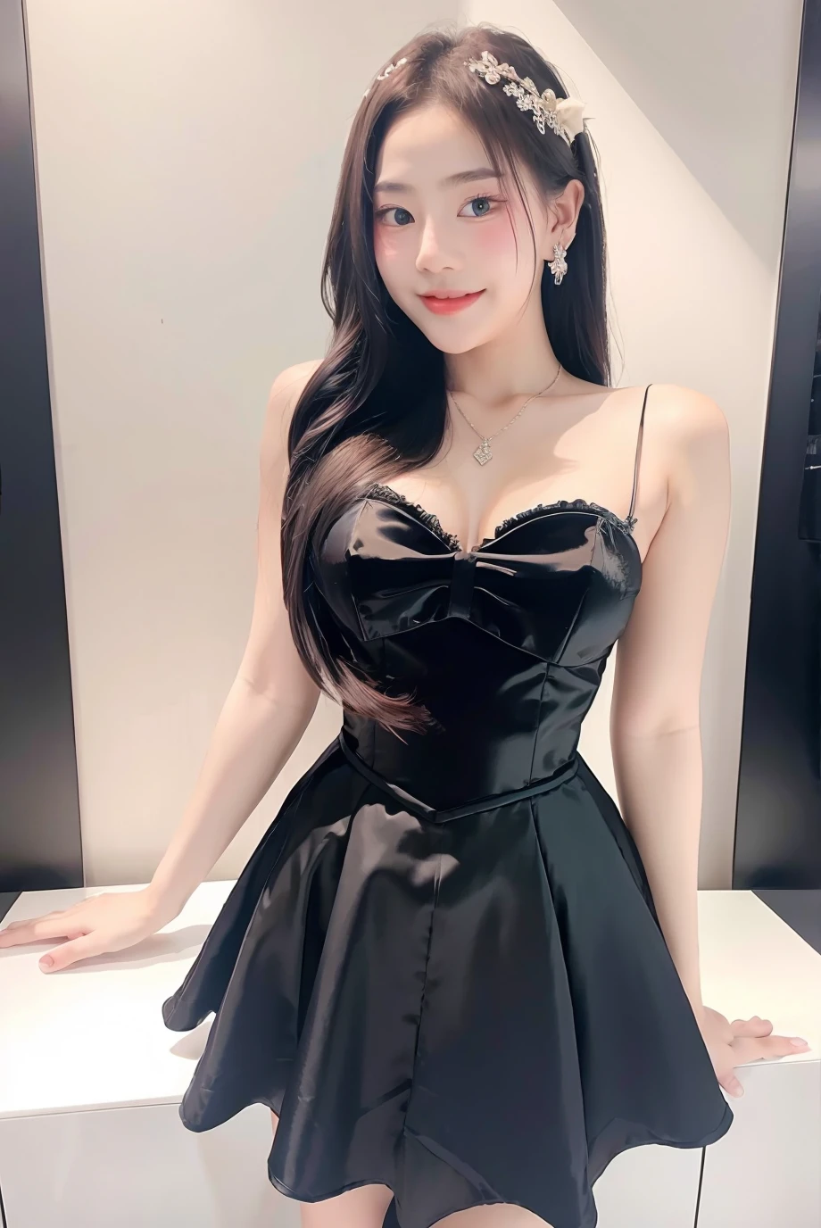 1girl, black random formal attire, white background, <lora:djfakfang-02:1>