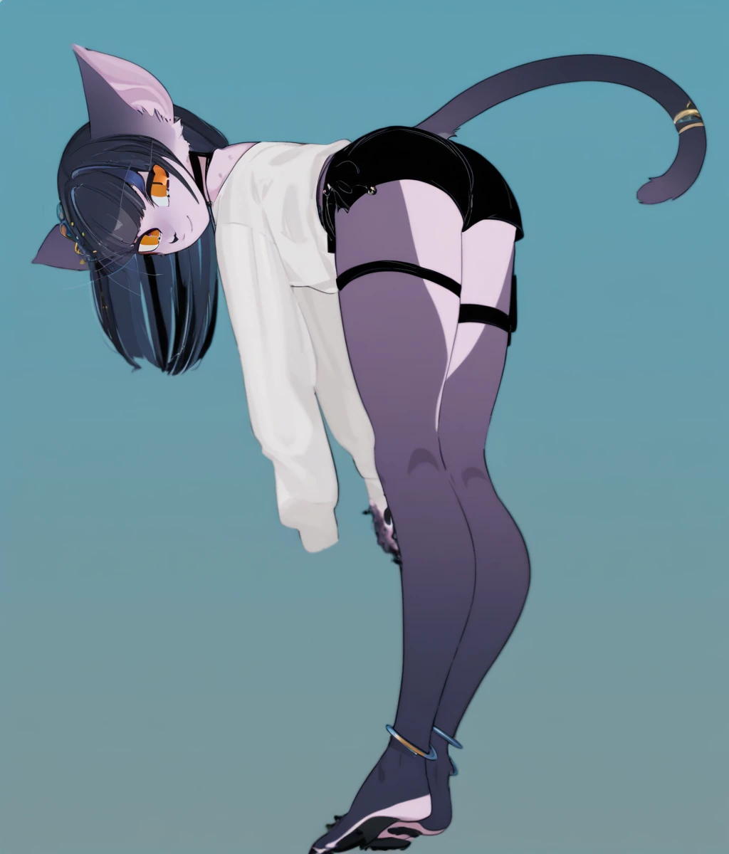 Black color hair, nude, skinny, small ass, black thigh-high boots, black elbow gloves, bending over, drawing of the face, 8k quality, beautiful girl, flat torso, pussy, front view