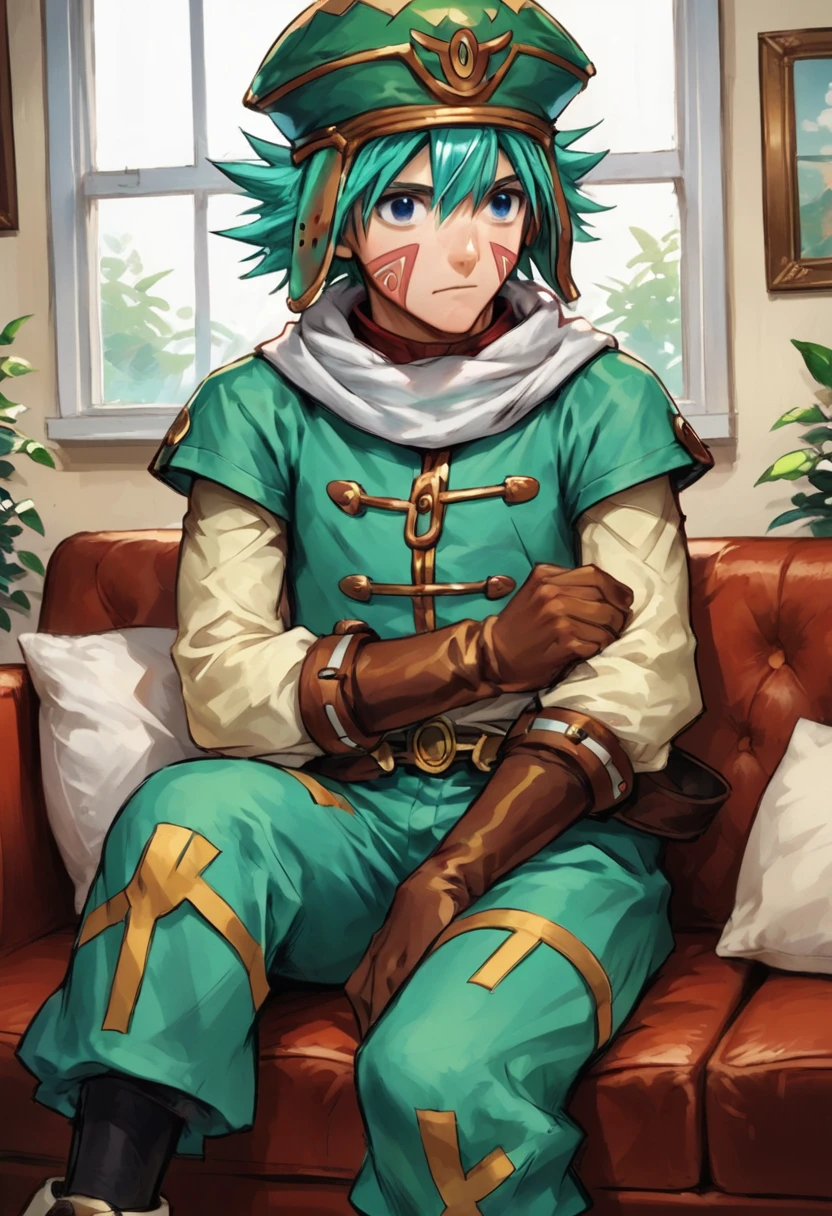 score_9, score_8_up, score_8,   <lora:Kite_.Hack_for_PonyXL:0.8> 1boy, k1t3, green outfit,  facial mark, aqua hair, hat,  gloves, blue eyes, solo, sitting on couch, living room, window, source_anime