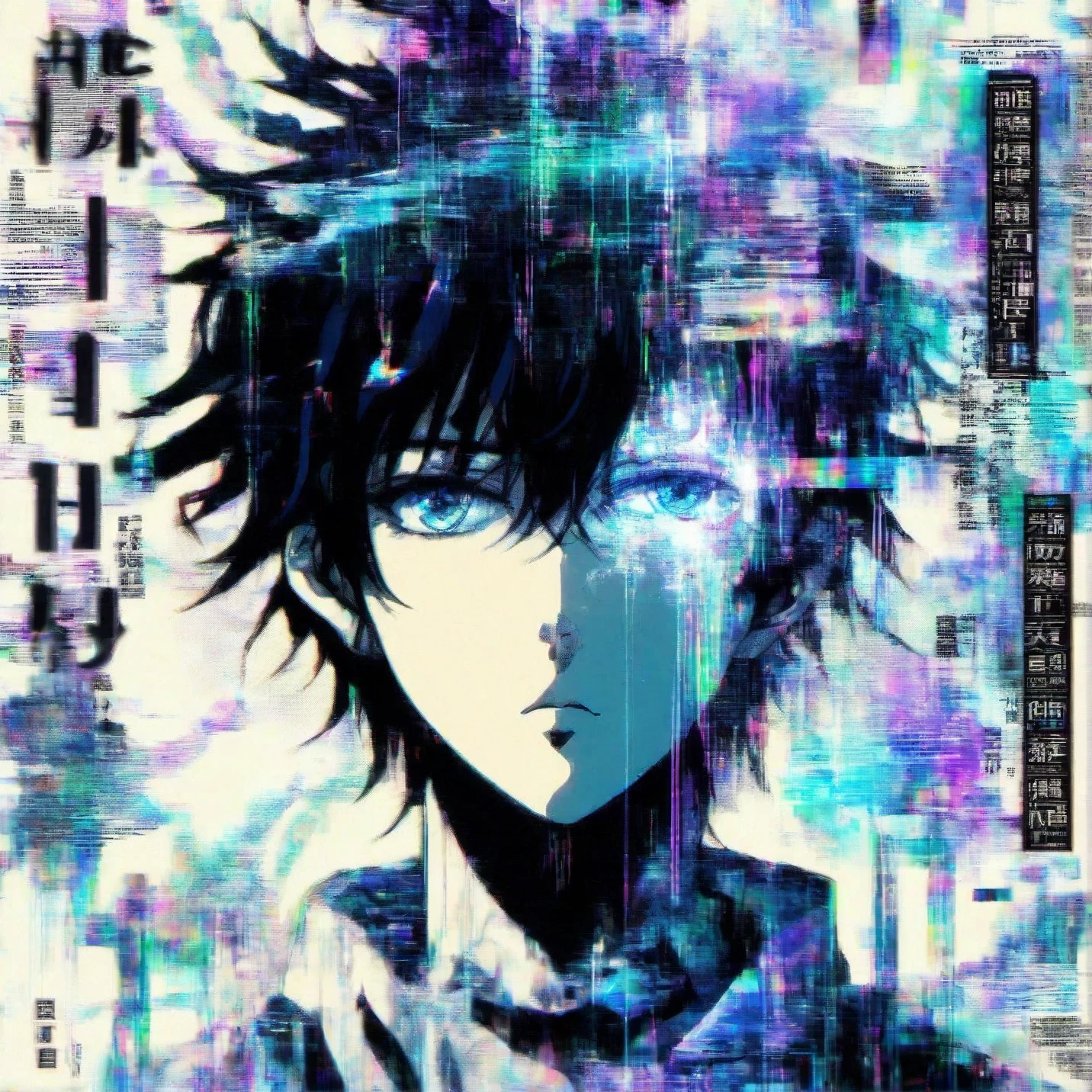 <lora:AnimeMan14_BestJuggernaut:1> ((Male Anime Character)), holographic, male anime character, where the past and the universe converge. A black-haired anime man, anime magazine cover, anime boy,kanji typography, lain from serial experiments lain, glitch, glitch art, anime typography, harajuku clothes, glitchy, liminal space, digital user interface, close up Japanese lush flora water dripping leaves echoing blue rings turquoise glowing aura fractal pearlescent iridescent surrealist giygas turbulent bismuth glitchart, chromatic aberrat