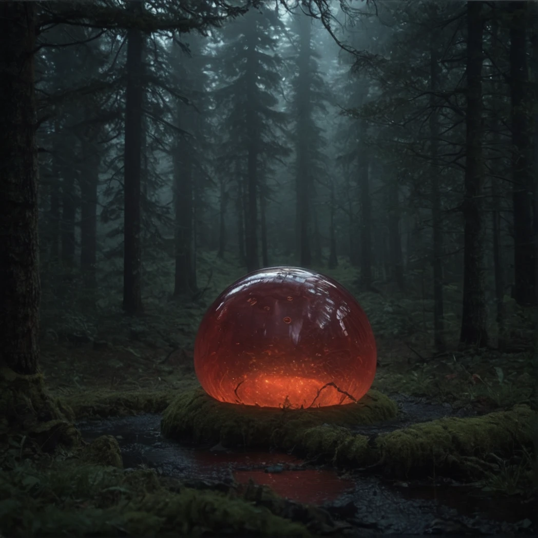 red slime (creature), Translucent, moody forest, (UHD, 8K, ultra detailed, 
highly detailed, best quality, best aesthetic, high detail, amazing detail, masterful, work of a master), 

