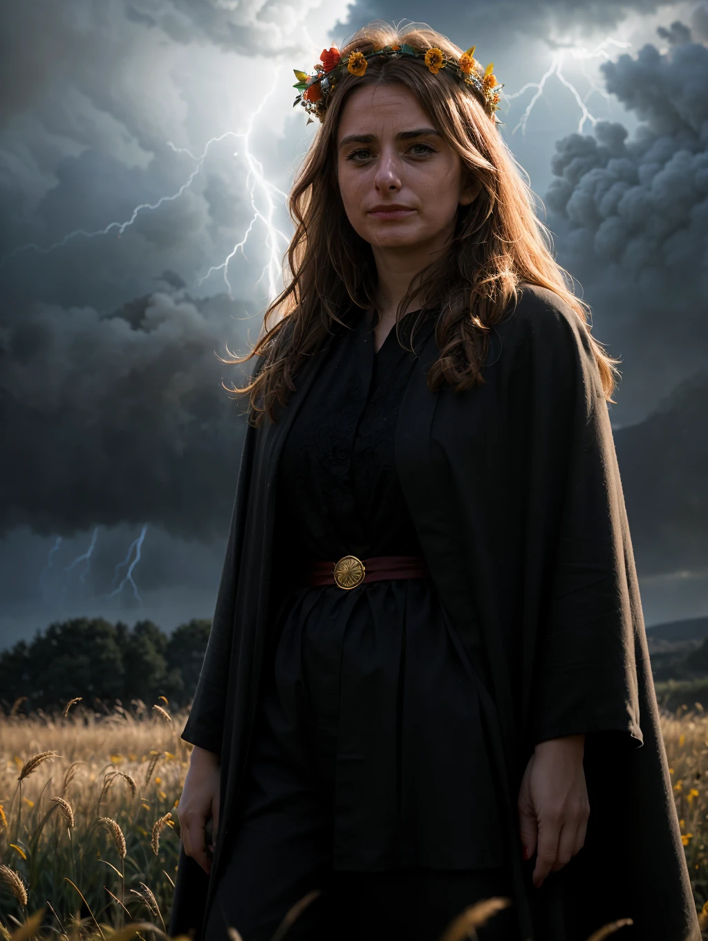 Marine8, A goddess with long wavy hair, standing in a flower field of tall grass. She is wearing a dark robe with red details, standing in the middle of the field (flower crown on her head). She is surrounded by a swirling vortex of lightning energy, thunder and lighting. A windstorm is sweeping debris creating a whirlwind. The sun is setting behind the character creating a glowing aura around her, centered, perfect framing and composition. Epic shot, dramatic lighting, dynamic angle, (4k), (masterpiece), (best quality), (extremely intricate), (realistic), (sharp focus), (award winning), (cinematic lighting), (extremely detailed)