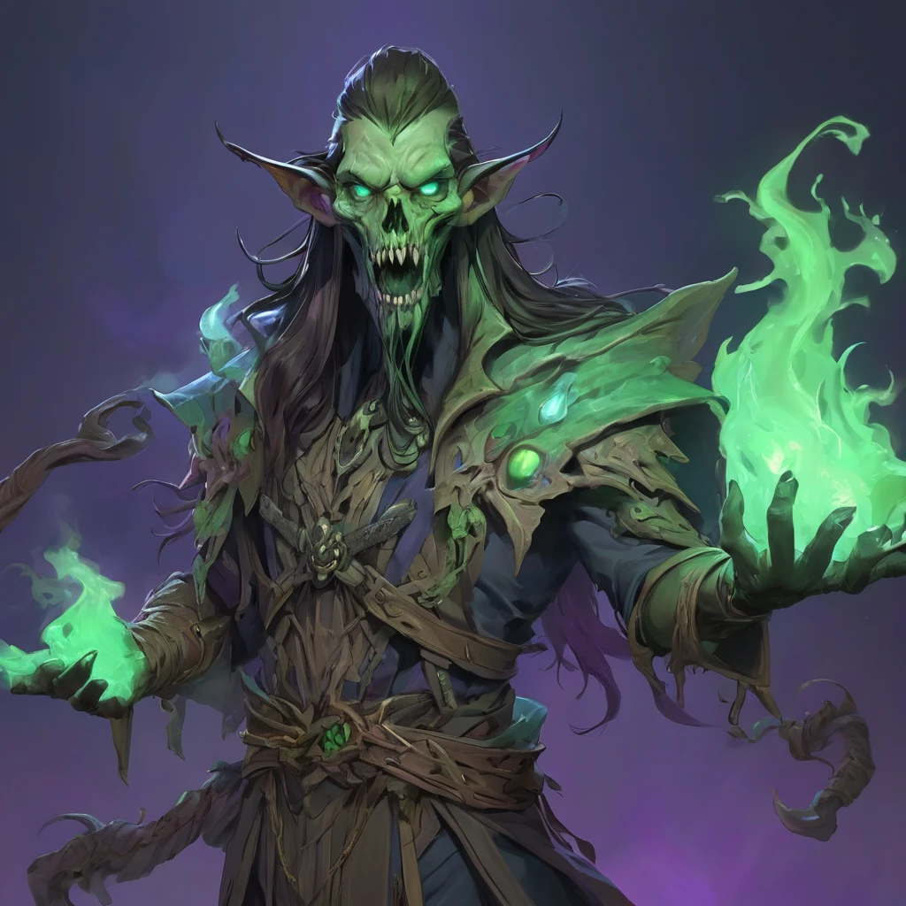 1man A warlock summoning a plague hound, greens blues and purples, intense lighting, 