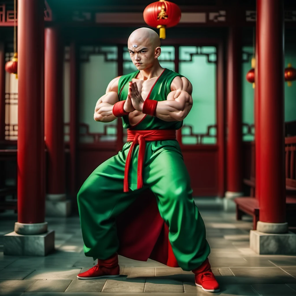 cinematic photo full body portrait of 1boy, bald, realistic third eye, muscular, wristband, shirtless, green chinese clothes, red belt, in a chinese temple<lora:TenShinHan1024:0.8> . 35mm photograph, film, bokeh, professional, 4k, highly detailed